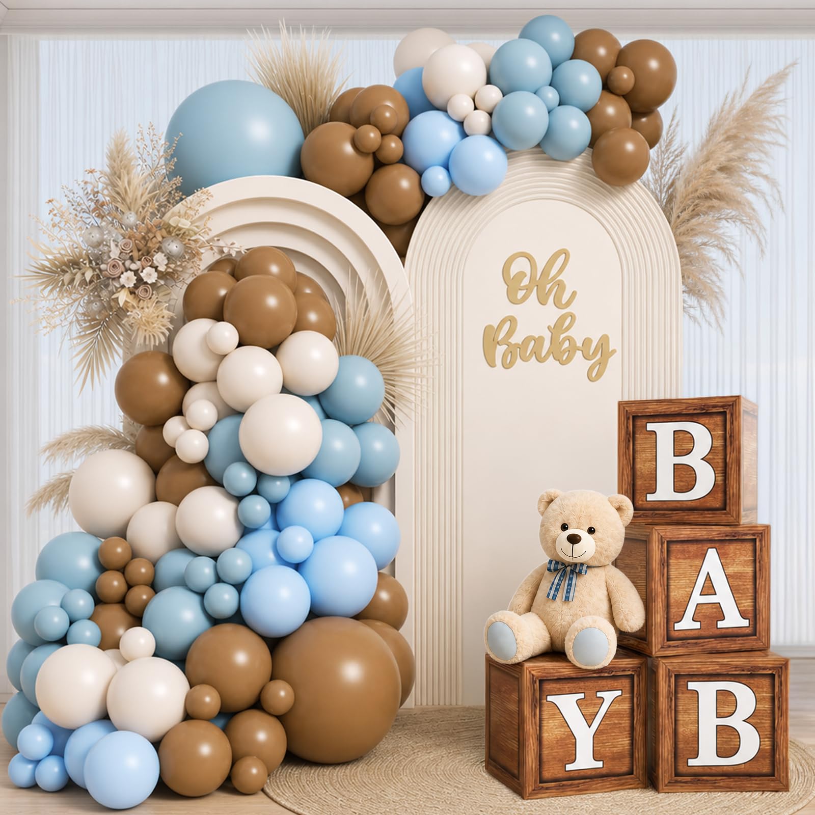 Blue Bear Decorazioni per baby shower, kit per arco a palloncino blu e marrone con venature del legno scatole per bambini per feste di orso, baby shower, rivelazione di genere, decorazioni per feste