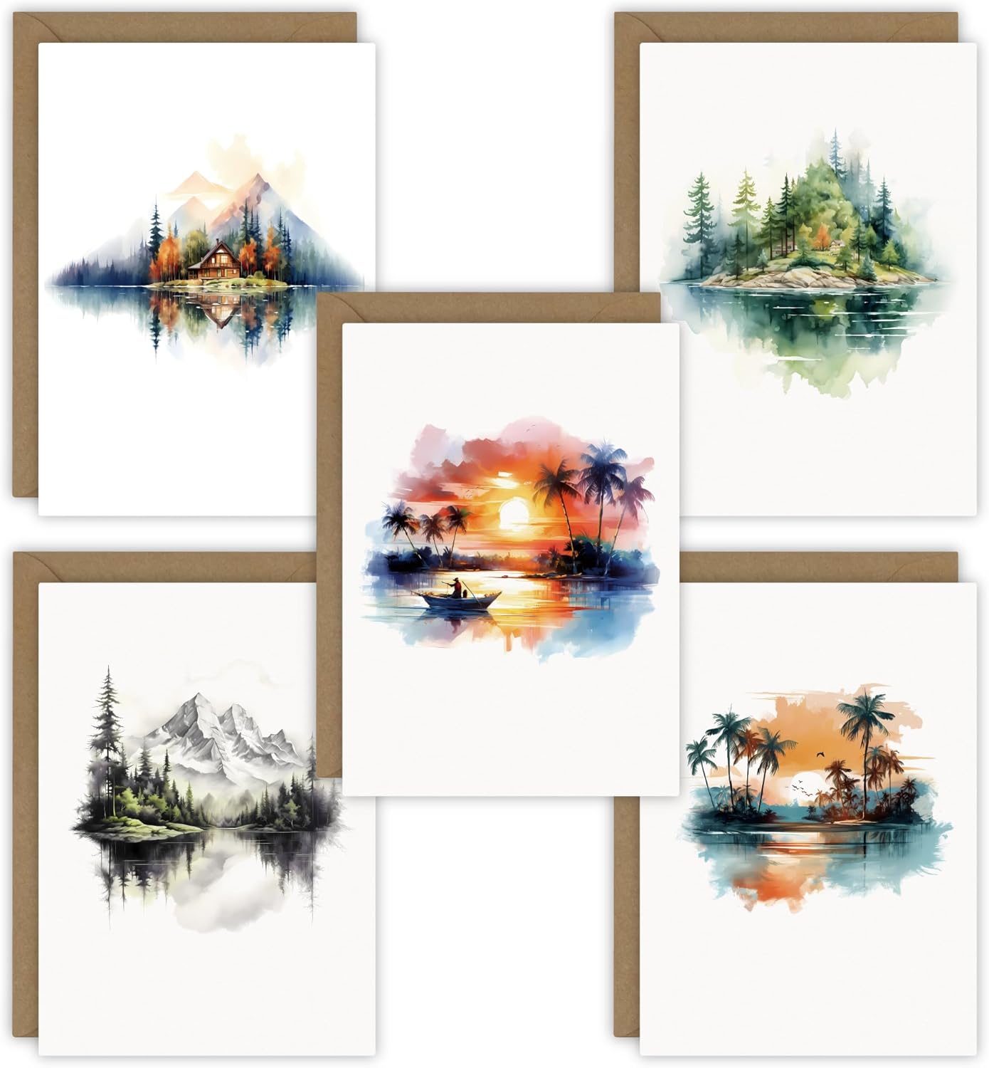 Tashchow 5 Watercolor Landscape Greeting Cards All Occasion Blank Note Cards with