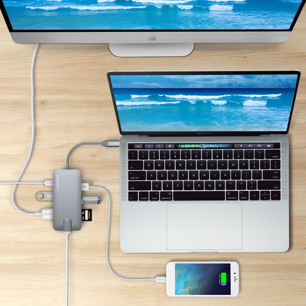 Lenovo USB-C Hub, Type C Adapter With HDMI Port, Gigabit Ethernet Port, USBC Charging Port, 2 USB 3.0, 1 USB 2.0 Ports, SD/TF Card Reader, Compatible For USB C Devices