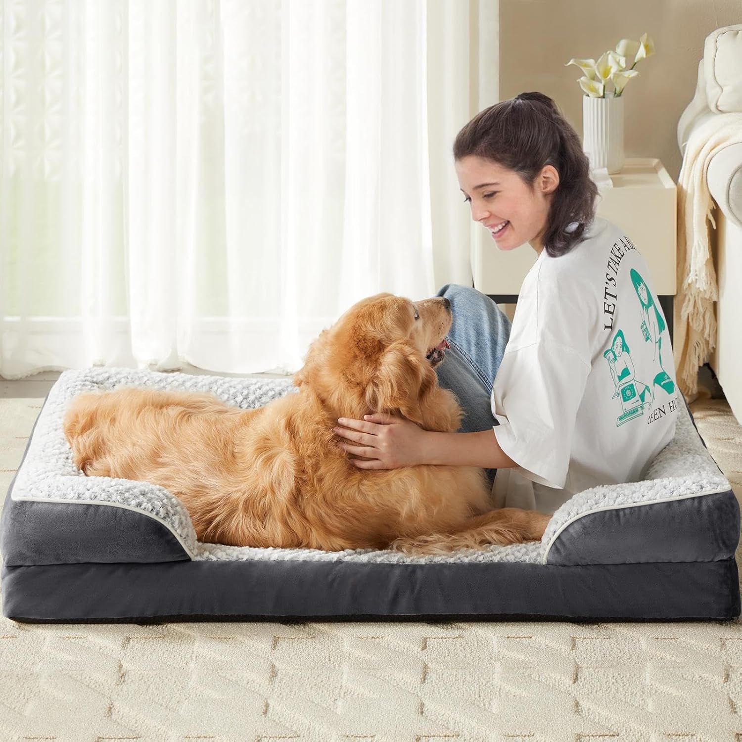 LEXTRO Orthopedic Dog Bed for Large Dogs, Egg Crate Foam Bed for Large Dogs, Equipped with Removable Waterproof Pillow Cover and Anti-Slip Bottom, Pet Bed