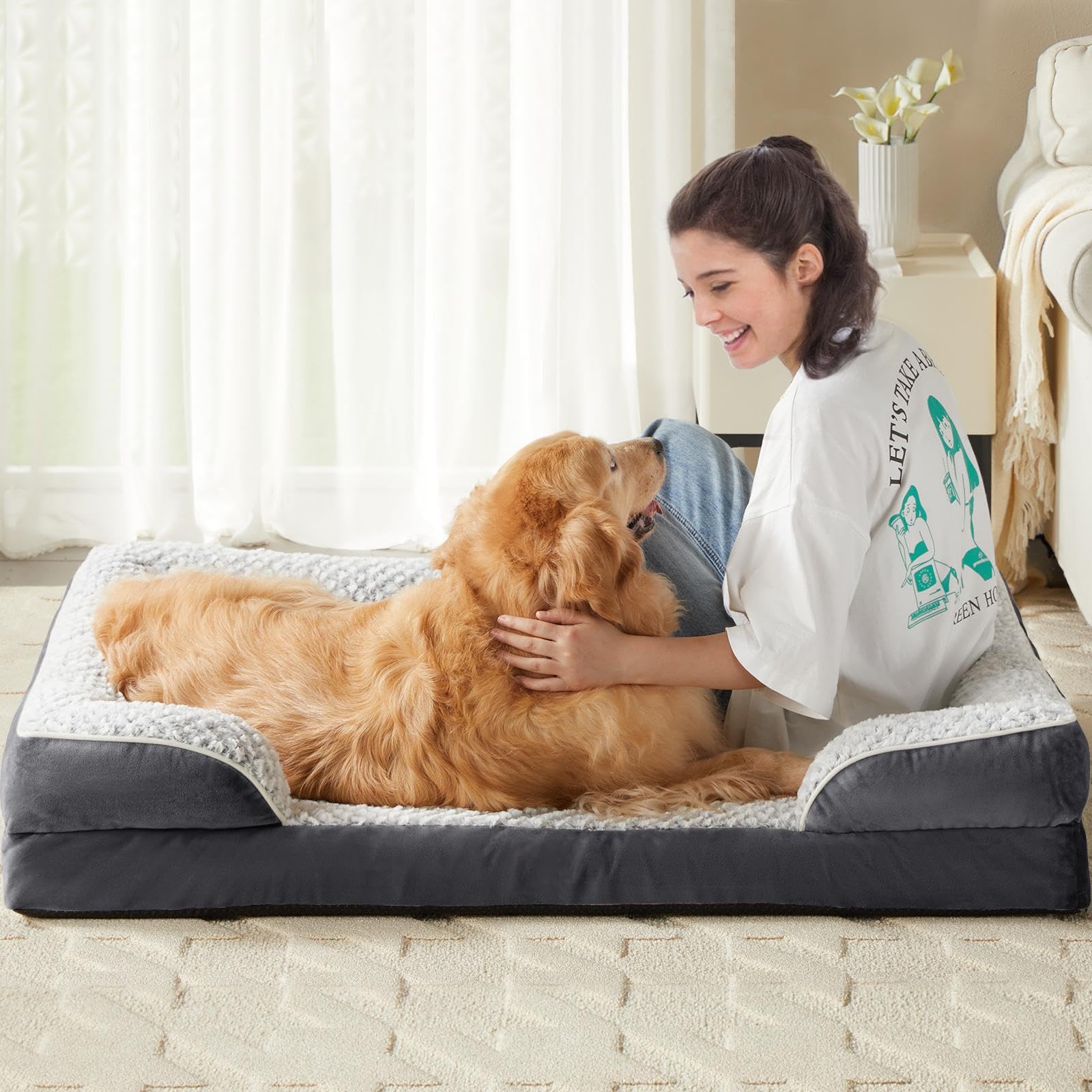 LEXTRO Cama ortopédica para perros grandes, cama de espuma para perros grandes, equipada con funda de almohada impermeable extraíble y parte inferior antideslizante, cama para mascotas