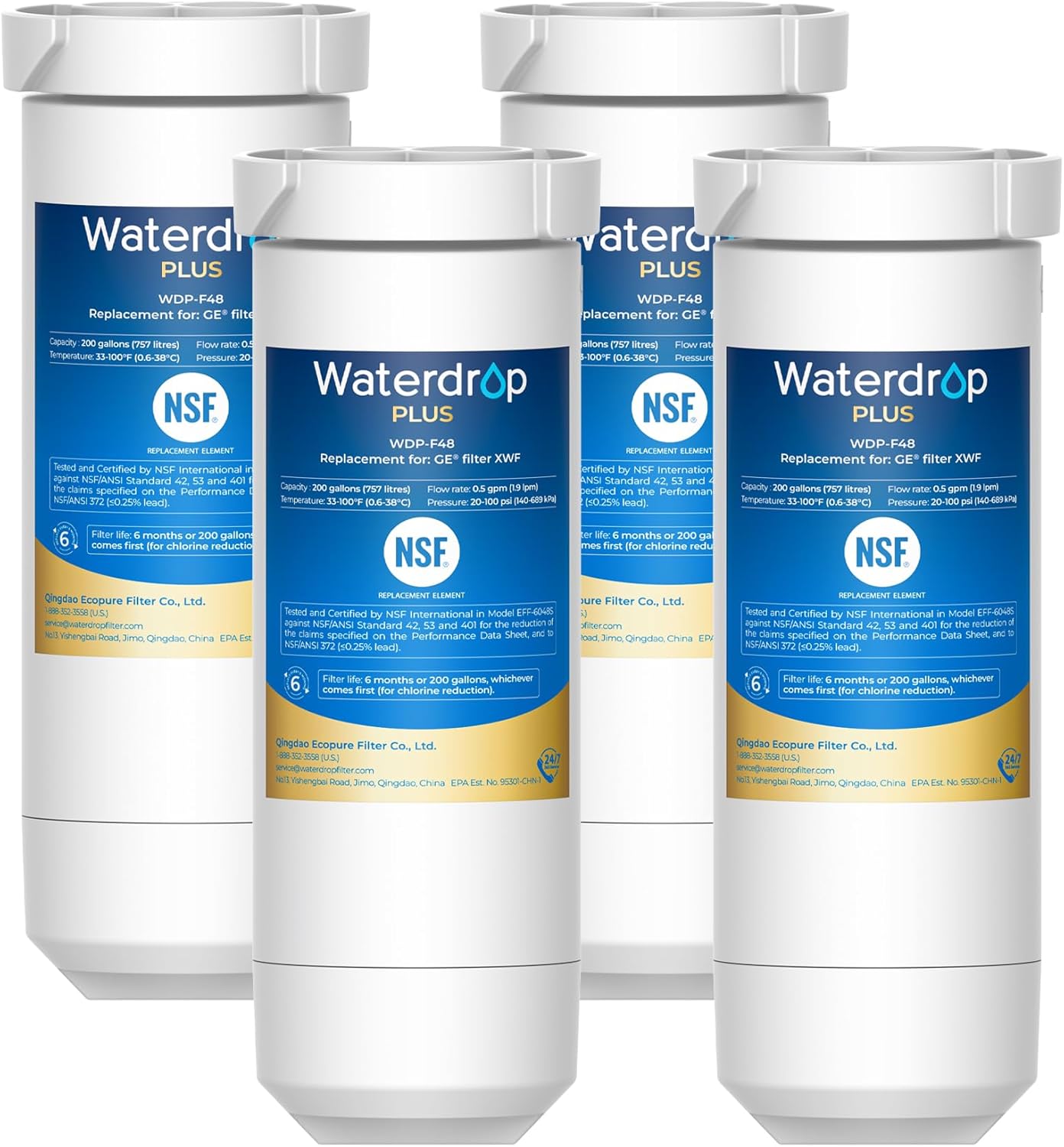 Waterdrop Plus XWF Replacement for GE® XWF, WR17X30702 Refrigerator Water Filter, NSF/ANSI 401&53&42&372 Certified, Reduces RFAS, 4-Pack (No chip)