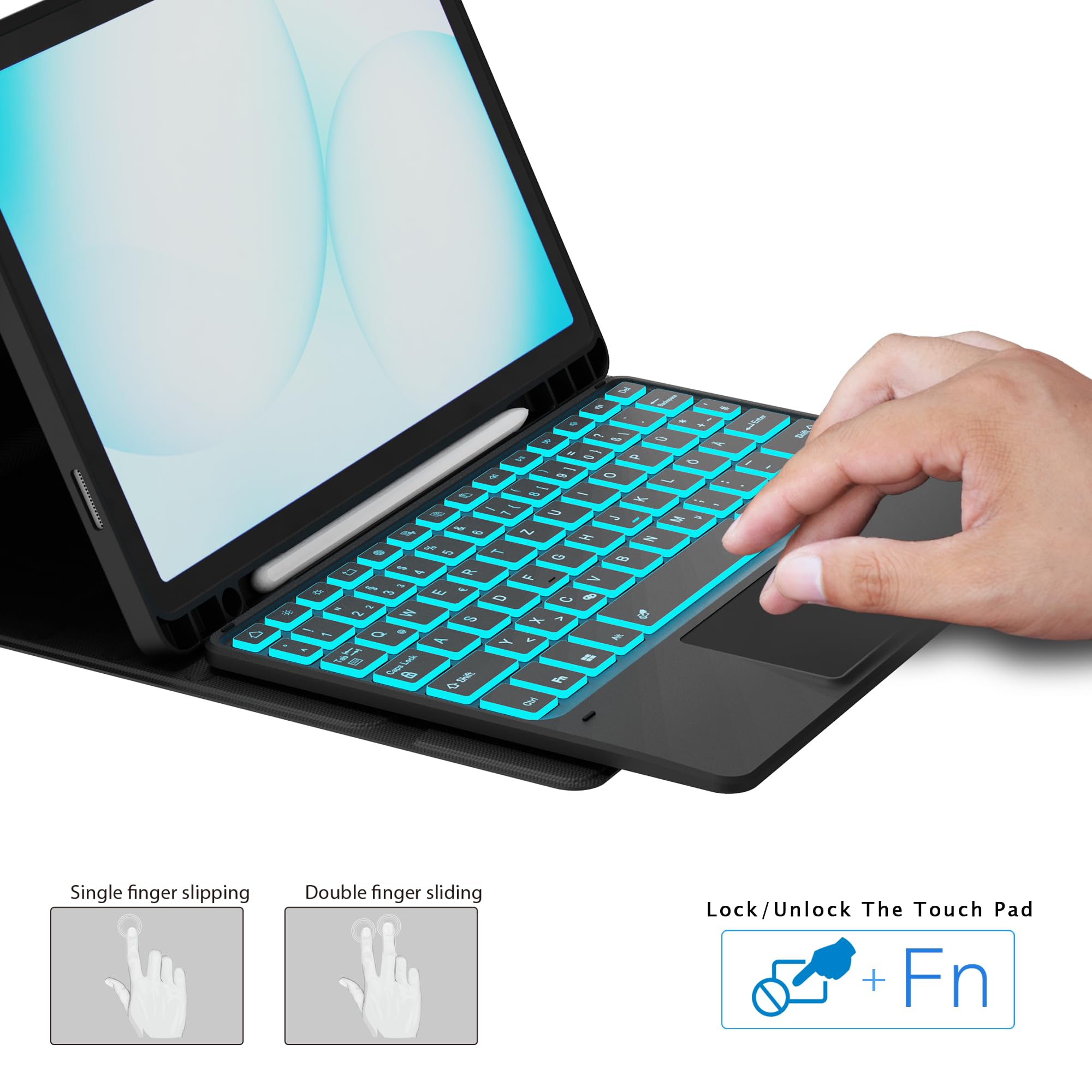 ROOFEI Für Galaxy Tab A11+/A9+ Hülle mit Tastatur Deutsches QWERTZ Layout | 7 Farben Beleuchtung | Magnetische Abnehmbare Trackpad Tablet Cover | Beleuchtete Tastatur für Tab A9 Plus/A11 Plus 11"