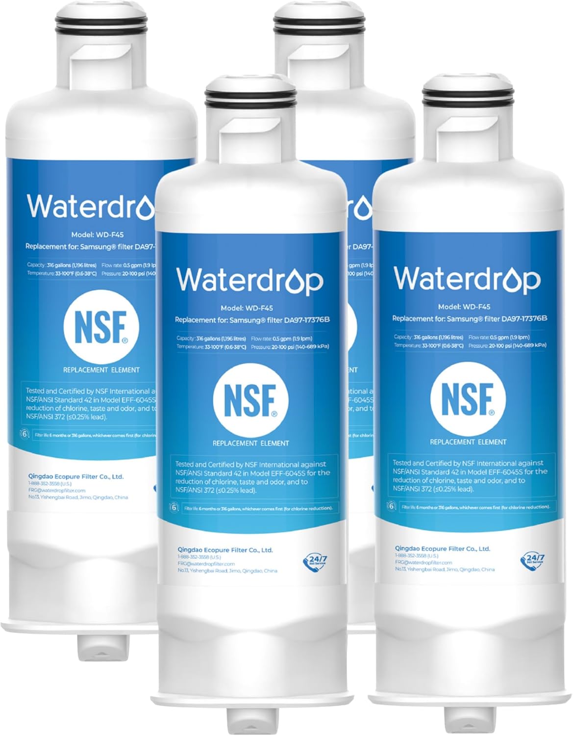 Waterdrop DA97-17376B Replacement for Samsung HAF-QIN/EXP, DA97-08006C, RF28R7201SR, RF28R7351SG, WD-F45, Refrigerator Water Filter, 4 Filters