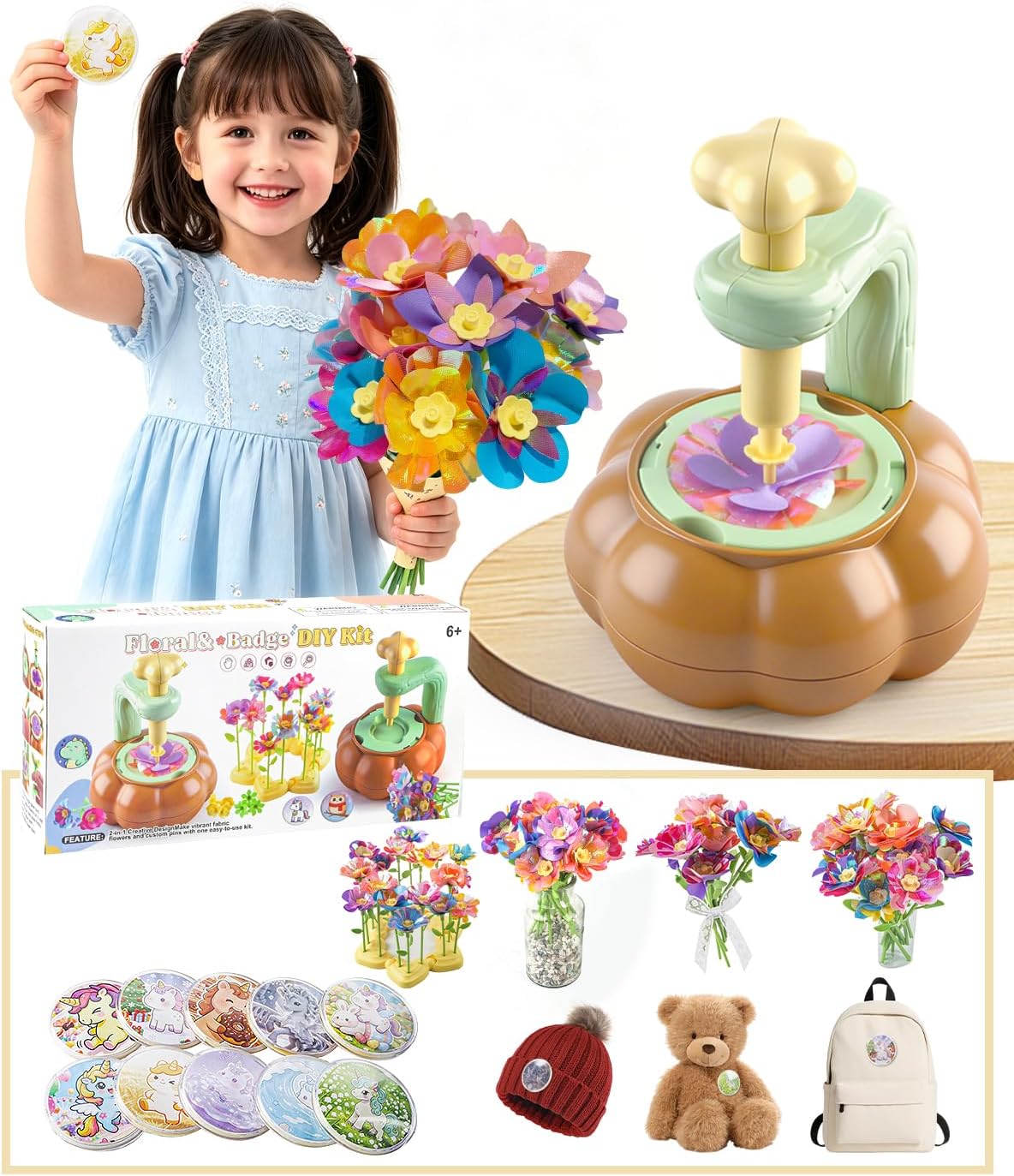 Rainbow World Flower Bouquet Craft Kit for Kids, 2 in 1 DIY Fabric Flower Toys with Button Making Machine, Embossing Press for Arts & Crafts, STEM Screen-Free Activity for 4-8 Year Old Girls Boys