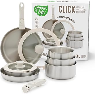 GreenLife 10 Piece Stainless Steel Pots and Pans, Detachable & Stackable Kitchen Set, Tri Ply Clad PFAS Free Cookware, Space Saving with Removable Handle, Induction & Oven Safe, RV Cookware, Glass Lid
