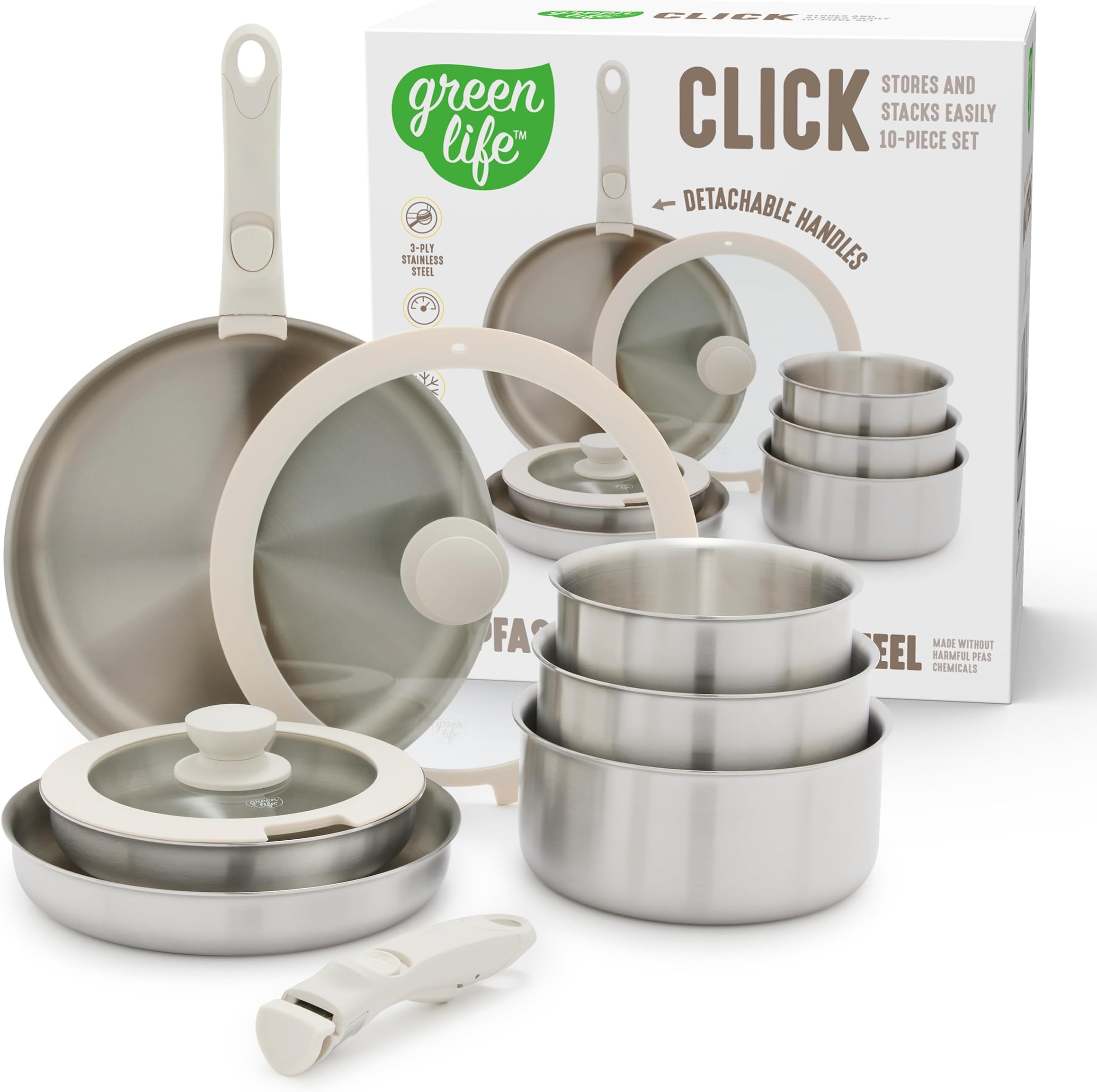 GreenLife 10 Piece Stainless Steel Pots and Pans, Detachable & Stackable Kitchen Set, Tri Ply Clad PFAS Free Cookware, Space Saving with Removable Handle, Induction & Oven Safe, RV Cookware, Glass Lid