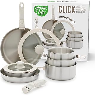 10 Piece Stainless Steel Pots and Pans, Detachable & Stackable Kitchen Set, Tri Ply Clad PFAS Free Cookware, Space Saving with Removable Handle, Induction & Oven Safe, RV Cookware, Glass Lid