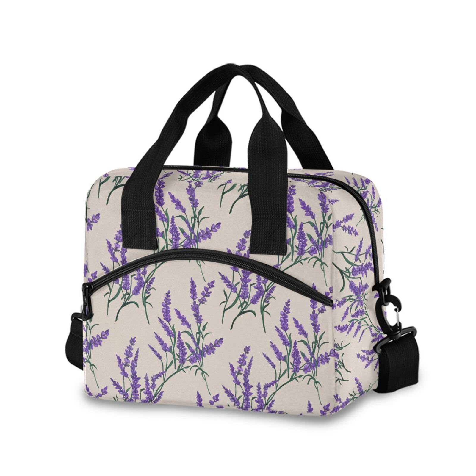 Sinestour Insulated Lunch Bag Reusable Cooler Lavender Flower Beige Lunch Box Adjustable Shoulder Strap for School Office Picnic