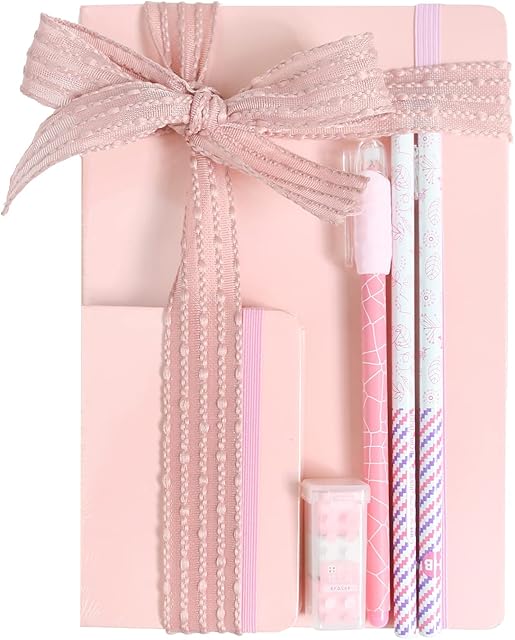 Emartbuy Cool Stationery Unique Gift Set with Pastel A5 and A7 Notebook Journal Gel Pen Pencil Eraser in Ribbon - Pink