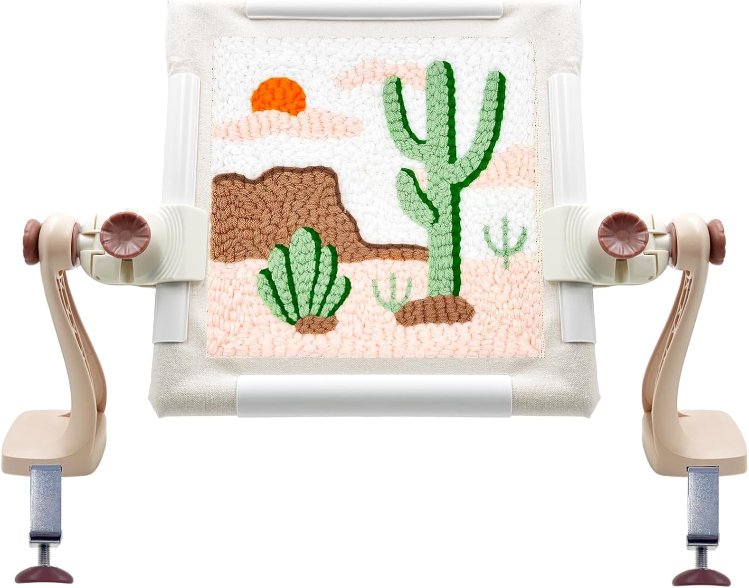 Embroidery Frame Stand Set - Needlepoint & Cross Stitch Holder, Upgraded Firm Clamp, Easy Lock/Release, Fits Most Hoops, Anti-Loose Screws (Brown+Beige)