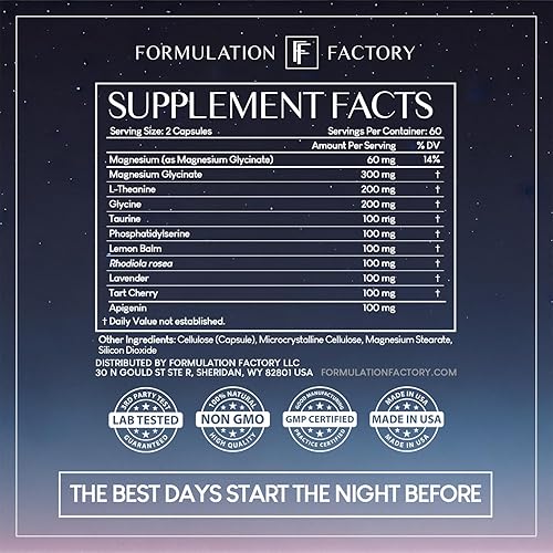 Miniatura 6 de Formulation Factory The Night Before - Suplemento para dormir 10 en 1 Midnight Maximizer, glicinato de magnesio, L-teanina y más, apoya la