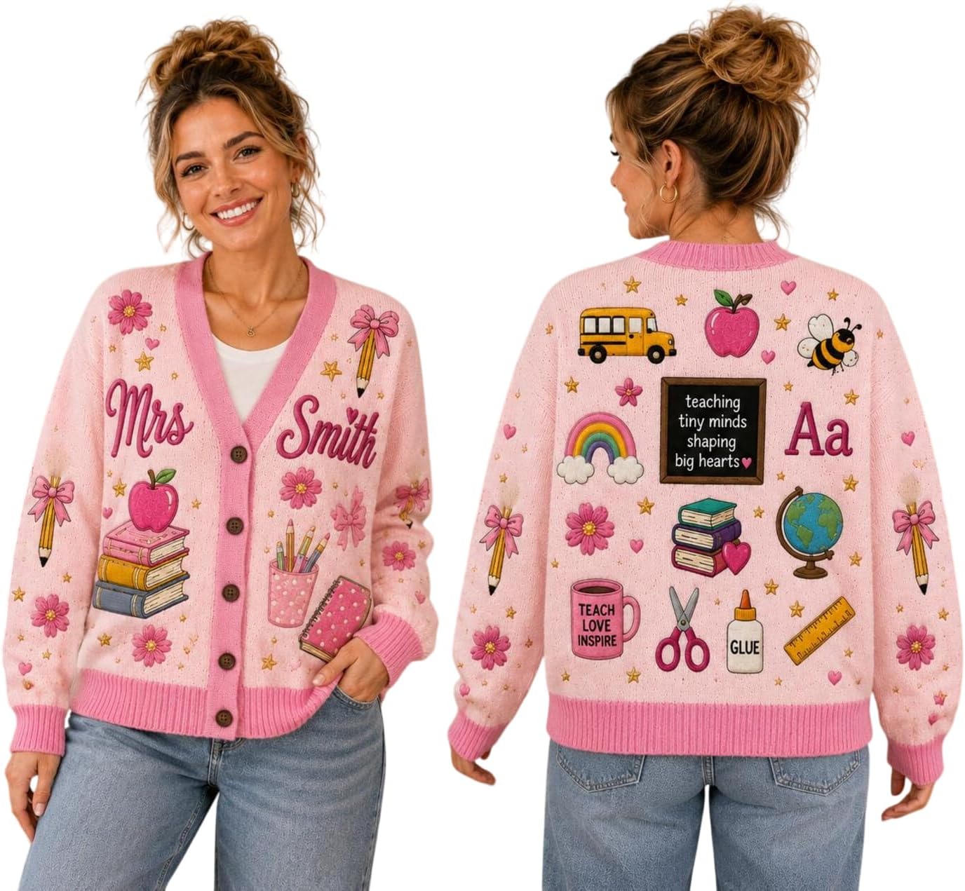 Personalized Teacher School Supplies Cardigan Sweater