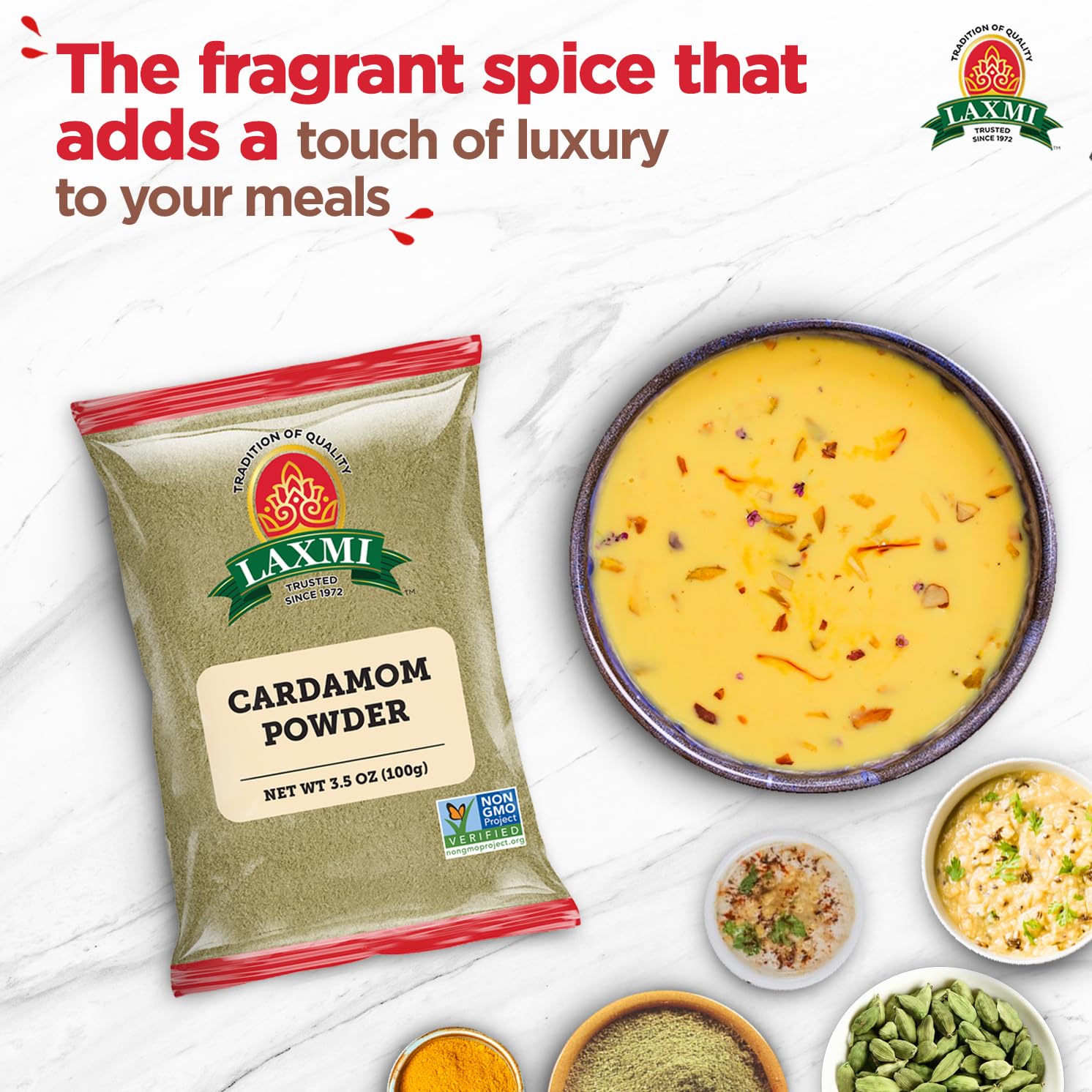Laxmi Ground Cardamom Powder, Traditional Indian Cooking Spices - 3.5oz
