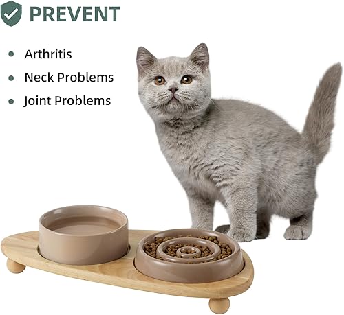 Miniatura 5 de Cuenco de cerámica para gatos lento, cuenco elevado para comida lenta para gatos, cuenco elevado para agua para gatos con soporte de madera, cuenco