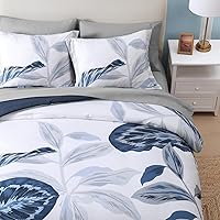 Vista 3 de WRENSONGE Juego de edredón Queen - Juego de ropa de cama suave de 7 piezas con hojas tropicales azules, cama costera en una bolsa, edredón estampado