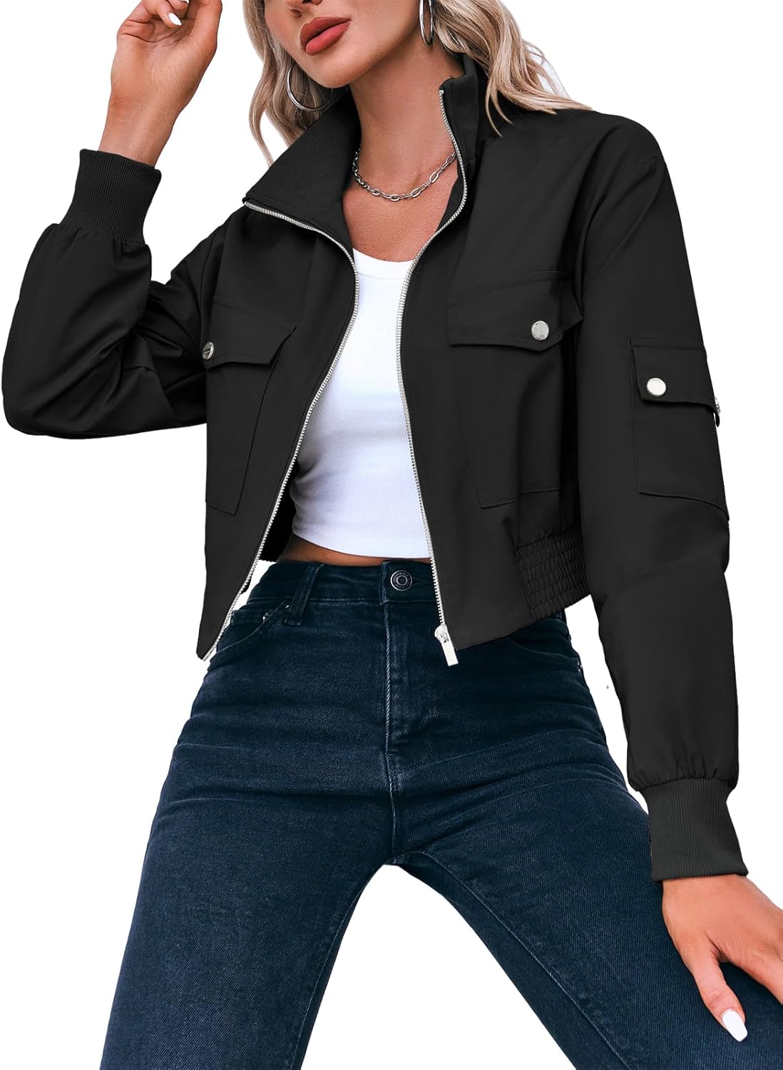 Fisoew Women's Cropped Bomber Jackets Lightweight Zip Up Stand Collar Long Sleeve Short Jacket with Pockets - Image 3