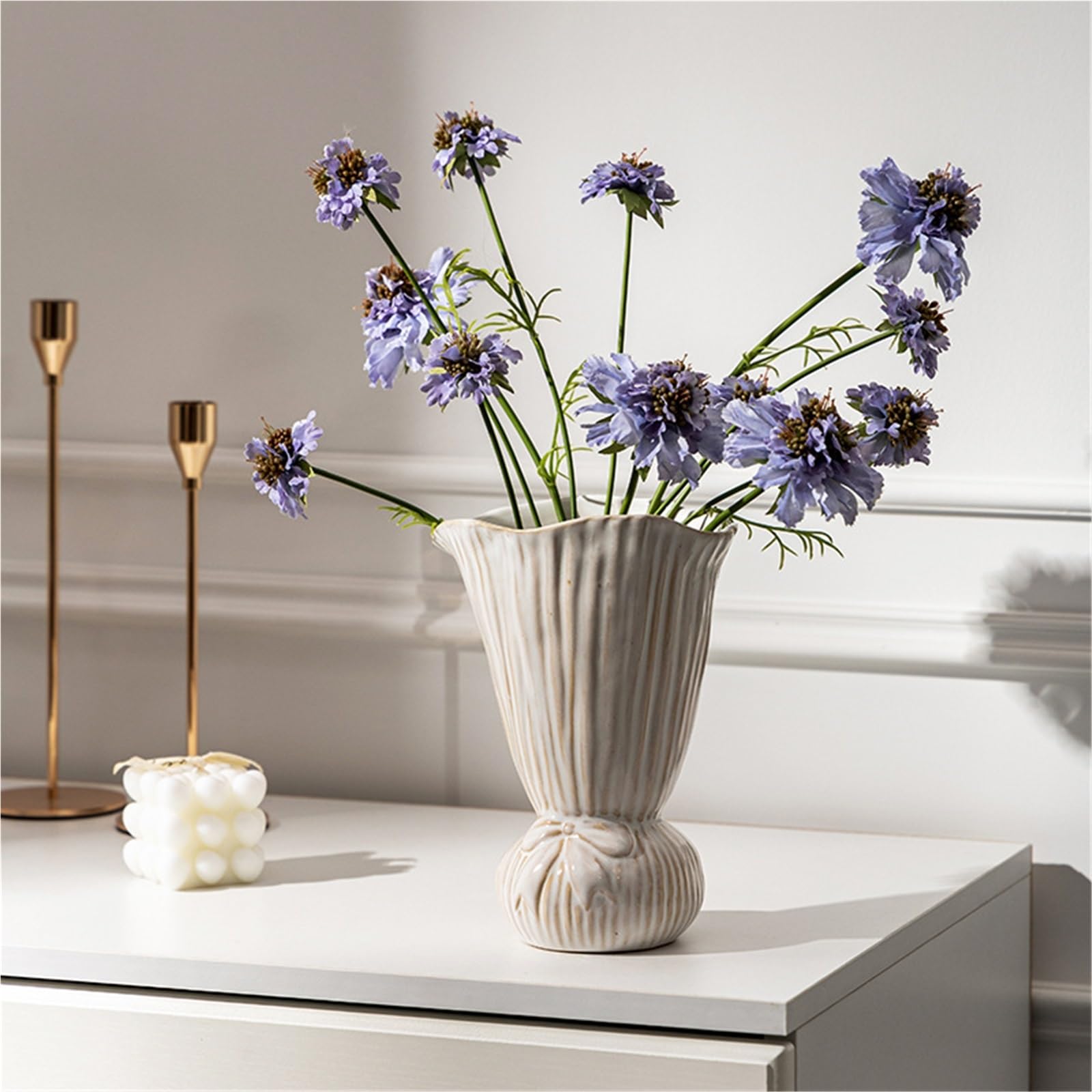 Unico Vaso in ceramica fatto a mano for la decorazione domestica in stile Wabi-sabi a strisce con design a bocca svasata Arredamento estetico per la stanza