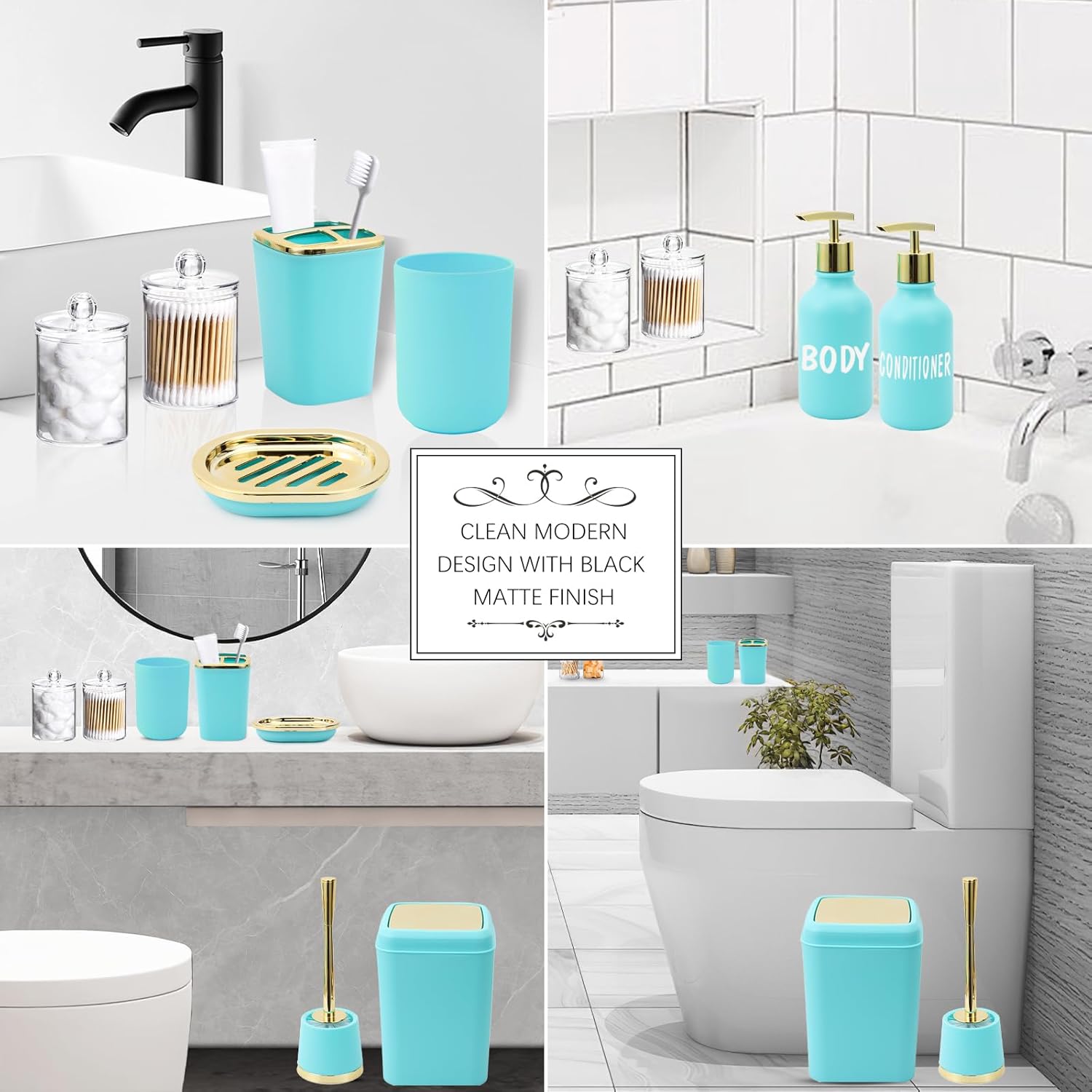 Teal Bathroom Accessories Set - 10 Piece Bathroom Accessory Set with Trash Can, Soap Dispenser, Soap Dish, Toothbrush Holder and Cup, Toilet Brush, Qtip Holder, Bathroom Decor Sets Complete