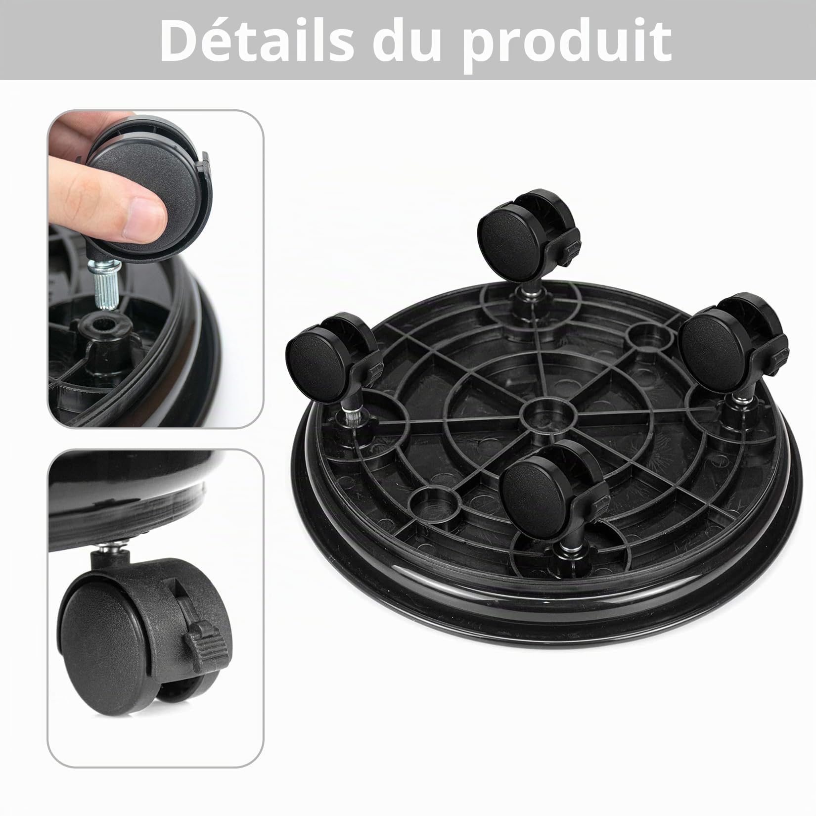 3 Pièces Chariot Roulant pour Plantes Rond Sous-Pot avec Roulettes Universelles Support pour Plantes Chariot Mobile pour Intérieur et Extérieur Capacité de Charge 50 kg 30 cm Noir