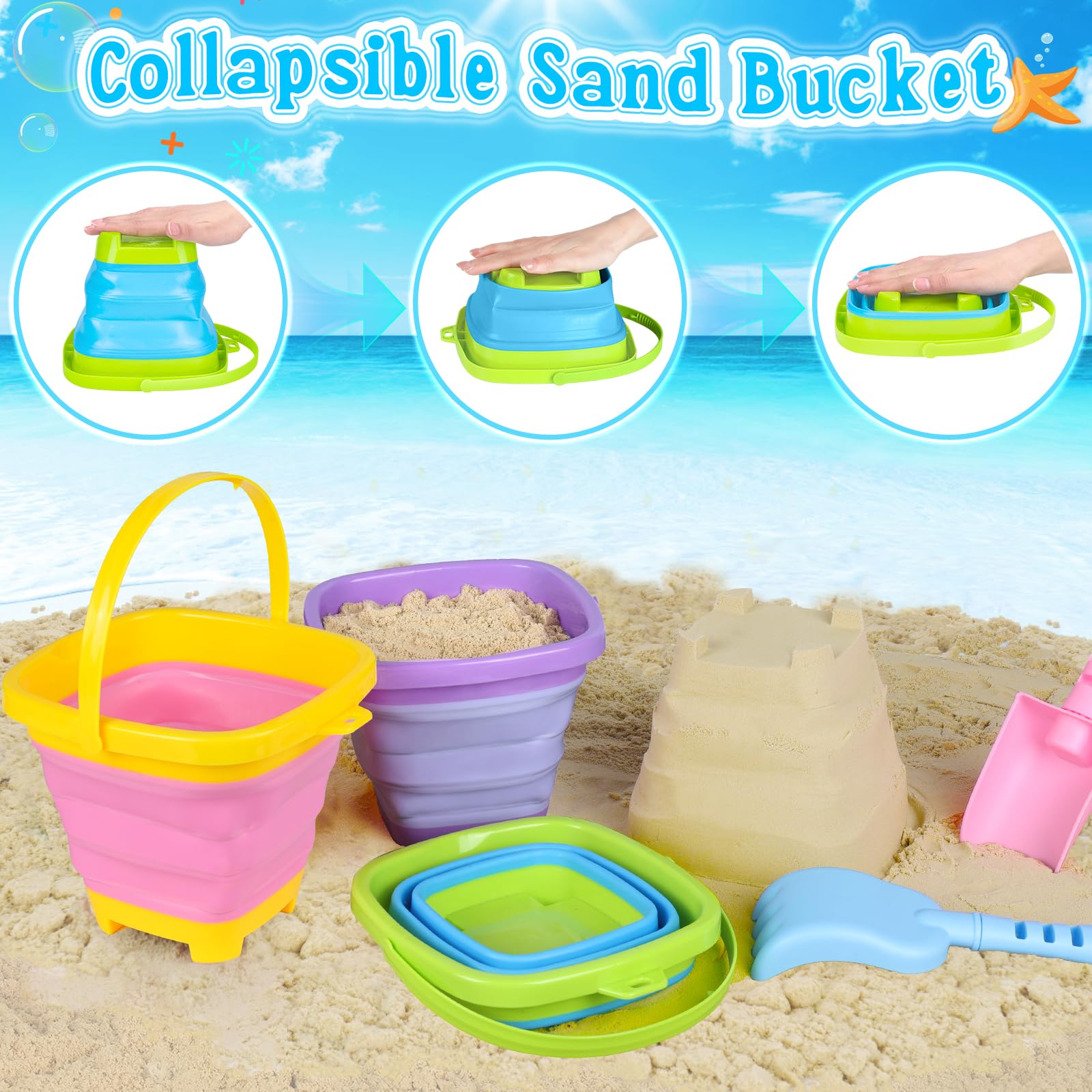 TSDATOWR Faltbares Strandspielzeug, 3 Silikon-Sandeimer für Kinder im Alter von 3–10 Jahren | Faltbare Eimer, Schaufeln, Formen und Netztasche für Strandutensilien, Sandkasten, Reisen, Multi-Szenen-Outdoor-Spielen