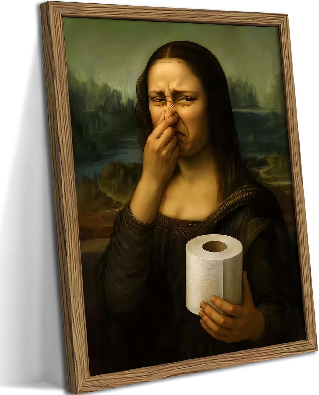Funny Mona Lisa Bathroom Wall Art – Framed Classical Pinching Nose Canvas Print, Humorous Restroom Decor, Black Wooden Frame Ready to Hang 12x16 Inch