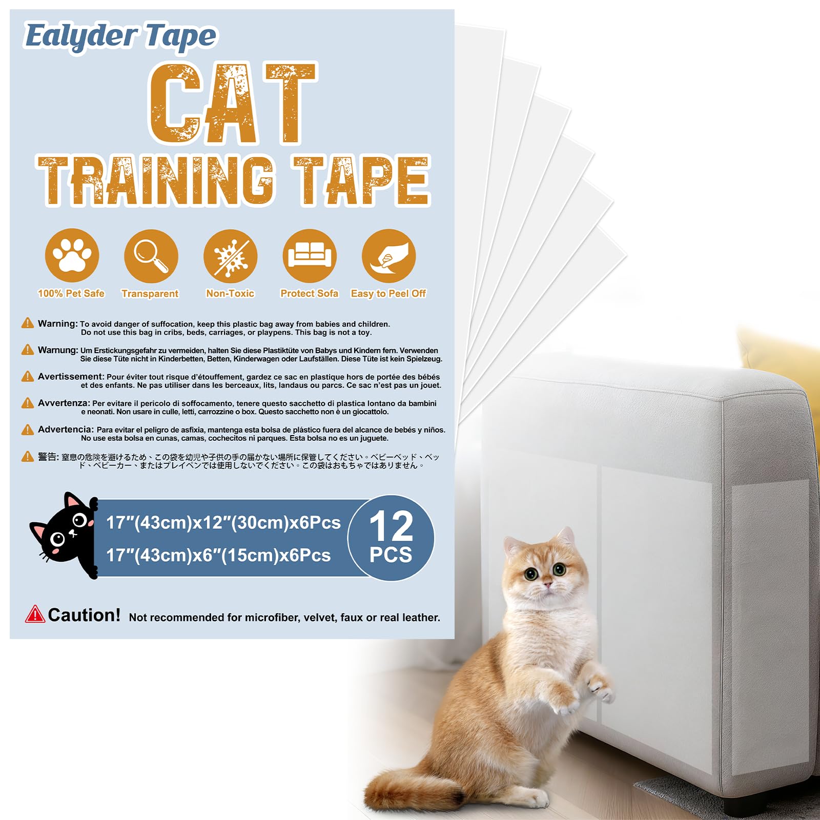 12 Pack Cat Scratch Deterrent Training Tape, Clear Double-Sided Anti-Scratch Sticky, Dog & Cat Training Protector Tape for Furniture, Sofa, Doors & Walls