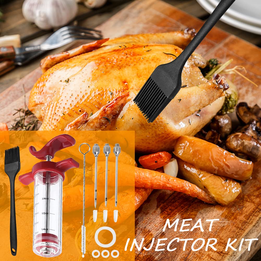 Fleischeinspritzdüsen-e-Set, 3 Nadeln, poröser Truthahn-Injektor für Fleisch mit Reinigungsbürste, Marinaden-Injektorspritze für BBQ Grill mit schwarzer Ölbürste, einfach zu bedienen und zu reinigen