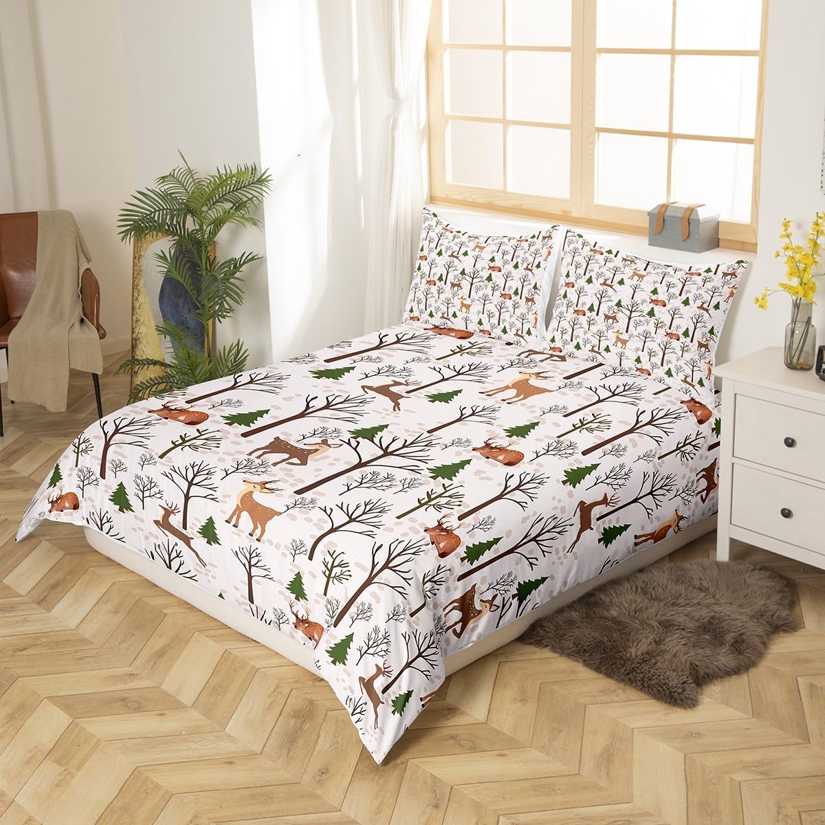 Feelyou Kids Cartoon Deer Comforter Cover Toddler Cute Brown Elks Bedding Set Jungle Wild Animals Duvet Cover for Boys Girls Nature Woodland Trees Bedspread BedFull Size (No Comforter)