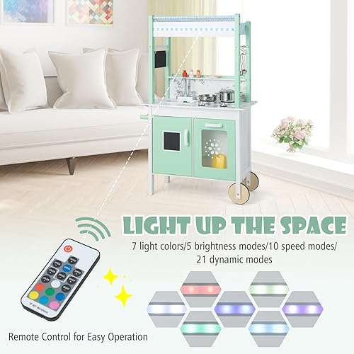 Miniatura 3 de Costzon Cocina y tienda de comestibles de doble cara, juego de cocina de madera 2 en 1 para niños con luz LED, fregadero y grifo, pizarra, soporte