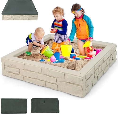 Miniatura 12 de HONEY JOY - Arenero con cubierta, caja de arena cuadrada de 47 x 47 pulgadas para el patio trasero, forro Oxford con drenaje en la parte inferior