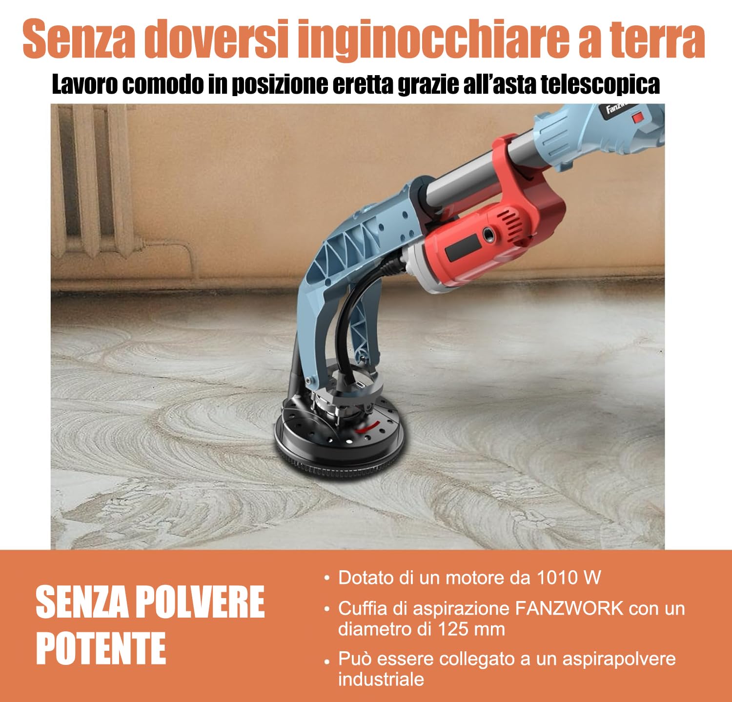 Fanzwork - Levigatrice per calcestruzzo da 1010 W, con asta telescopica fino a 1,20 m, con testa diamantata da 125 mm e borsa per il trasporto. Velocità regolabile: ideale per lisciare il calcestruzzo