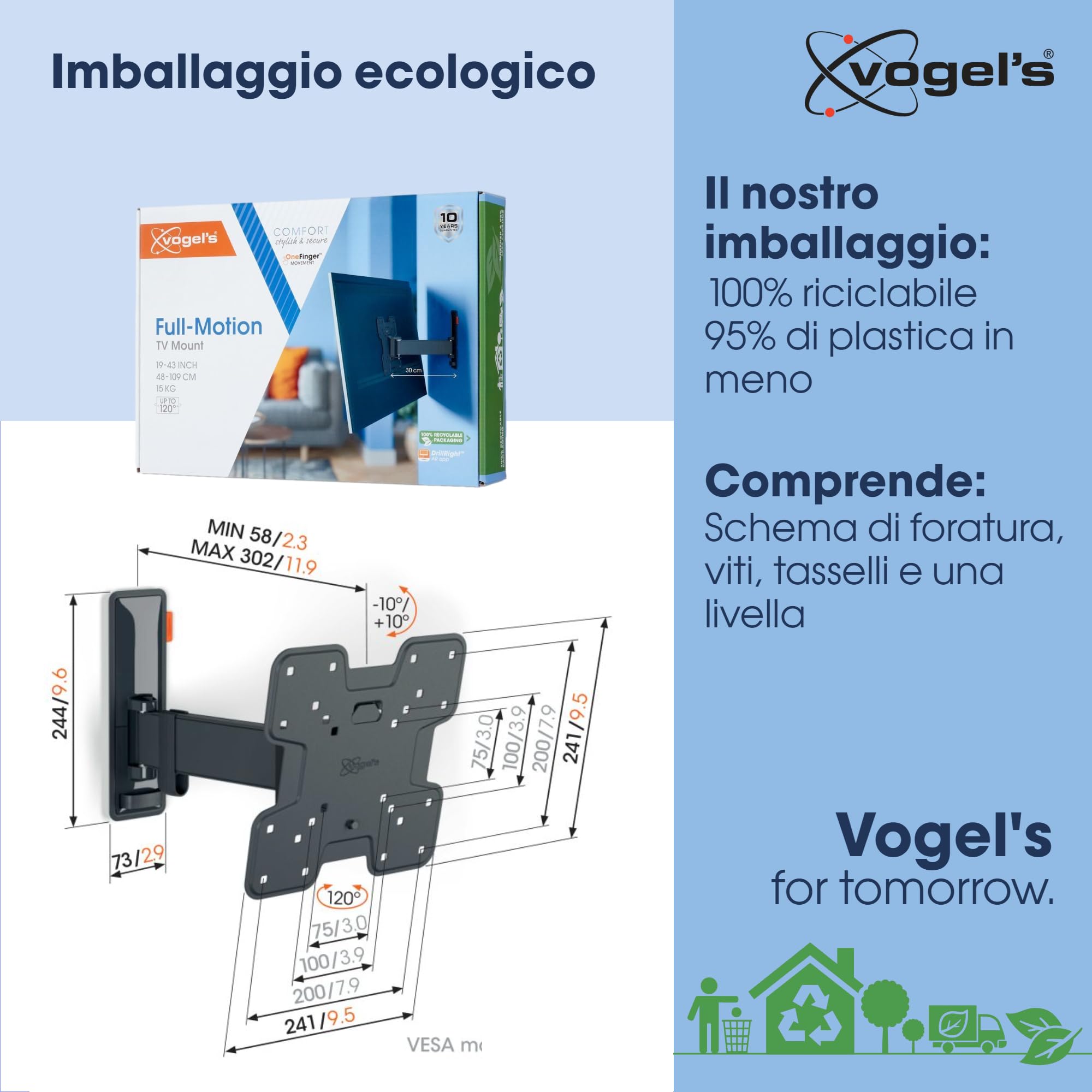Vogel’s TVM 3225 Supporto TV girevole per televisori da 19-43 pollici, Max. 15 kg, Orientabile fino a 120°, Inclinazione, Staffa da parete per TV full-motion max. VESA 200x200 | Rotazione 120°, Inclinazione 20°, Portata 15 kg, Certificato TÜV, VESA 200x20