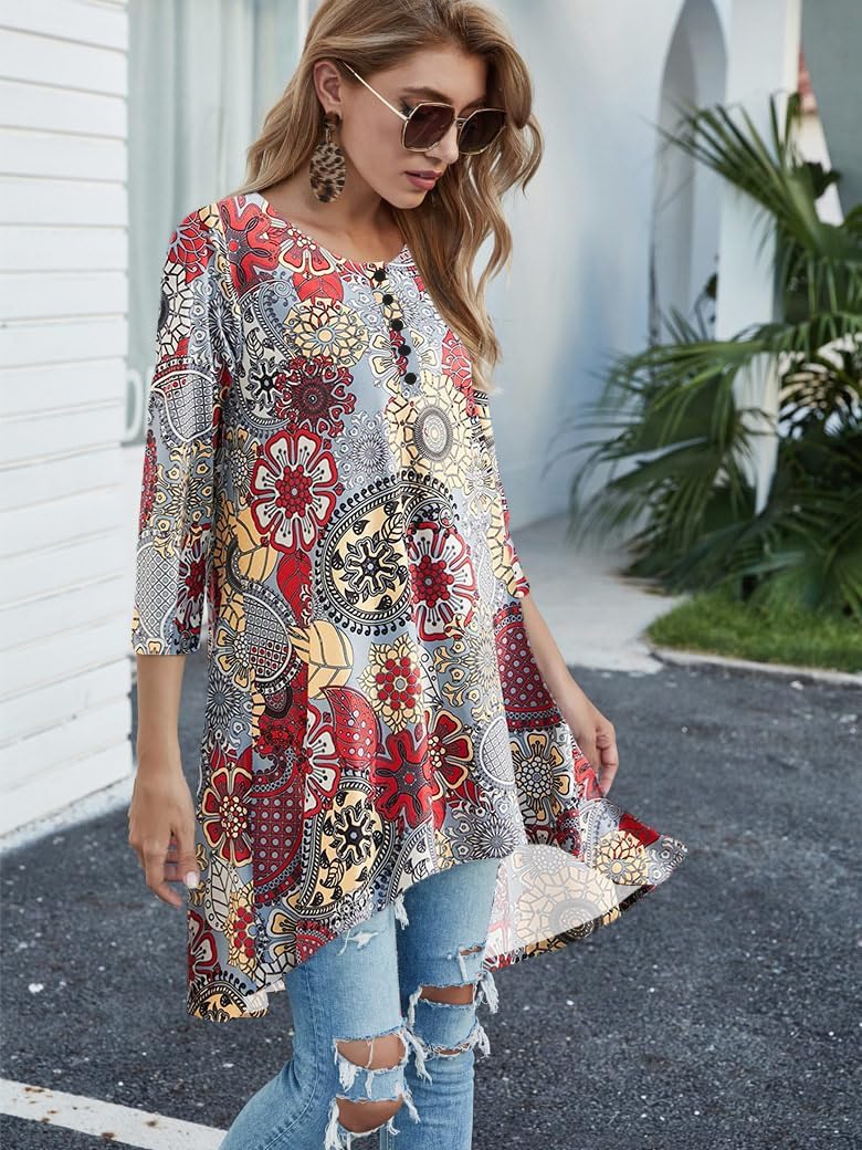 Naggoo Women's 3/4 Sleeve Button V Neck High Low Loose Fit Casual Long Tunic Tops Tee Shirts M Paisley Grey - Image 5