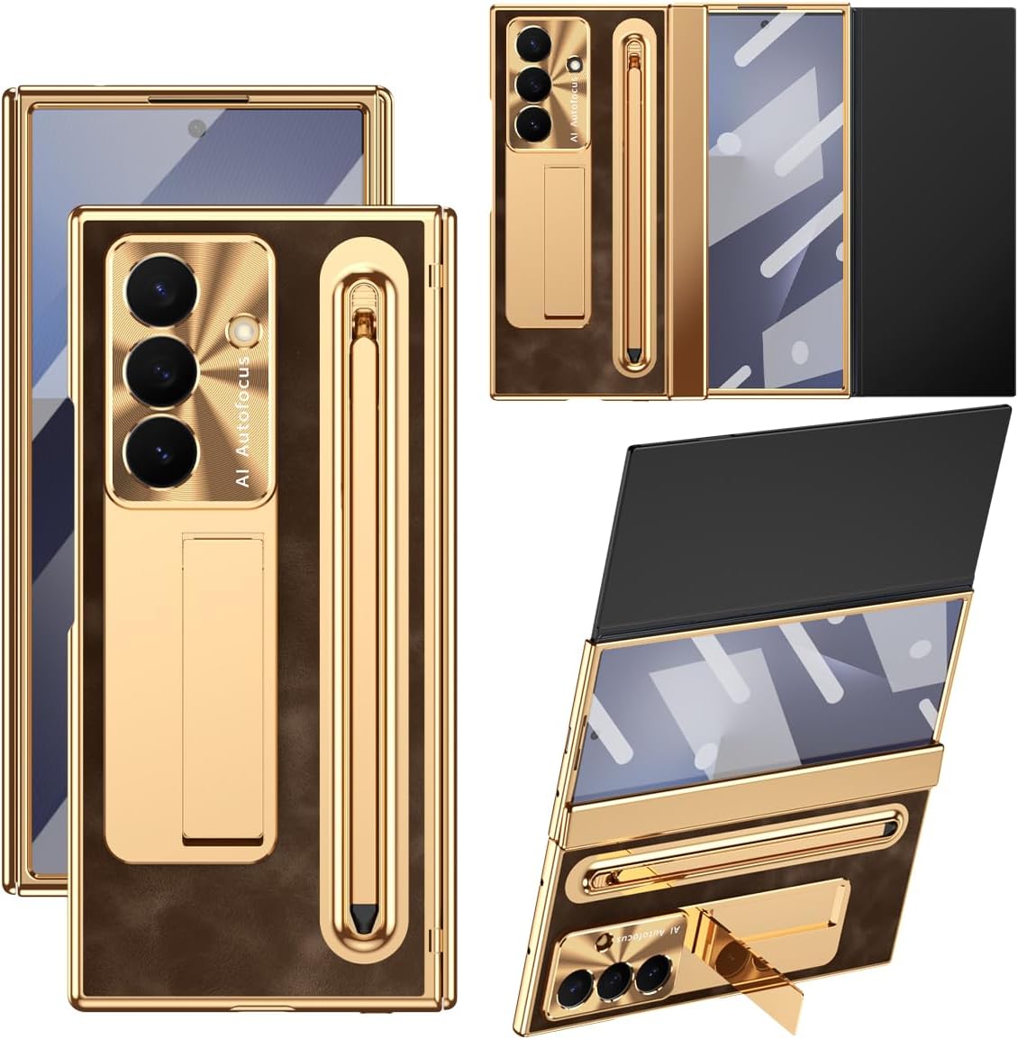 NINKI for Samsung Galaxy Z Trifold Case with S Pen & S Pen Holder, Kickstand & Screen Protector Hinge Electroplating Leather Phone Cover for Z Trifold Case with Stand and Stylus – Gold with Coffee