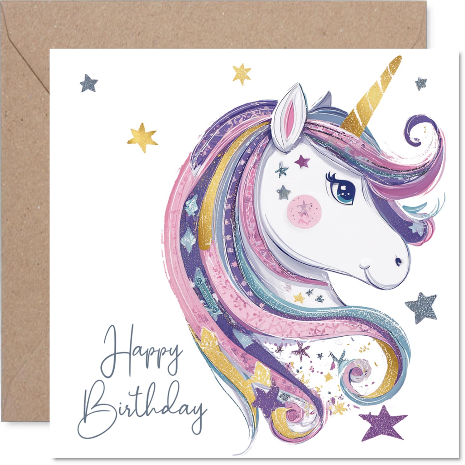 Playful Birthday Card - A Splash of Birthday Magic - Vibrant Unicorn and Sparkling Stars in Pink and Gold - 145mm Square, Envelope Included