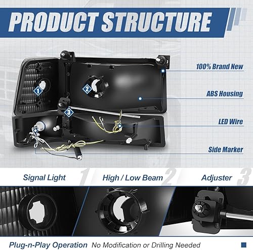 Miniatura 6 de Switchback - Juego de 6 faros delanteros secuenciales L-LED DRL y lámparas de parachoques compatibles con Ford F150 F250 F350 Bronco 1992-1996, lado