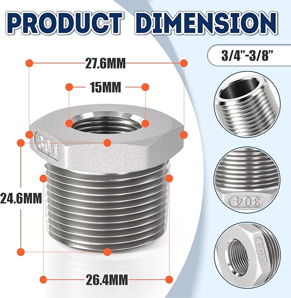 Bwintech 3 Pz da 3/4" maschio a 3/8" femmina con filettatura BSP Connettore esagonale inossidabile di riduzione per la conversione del collegamento dei tubi - 2