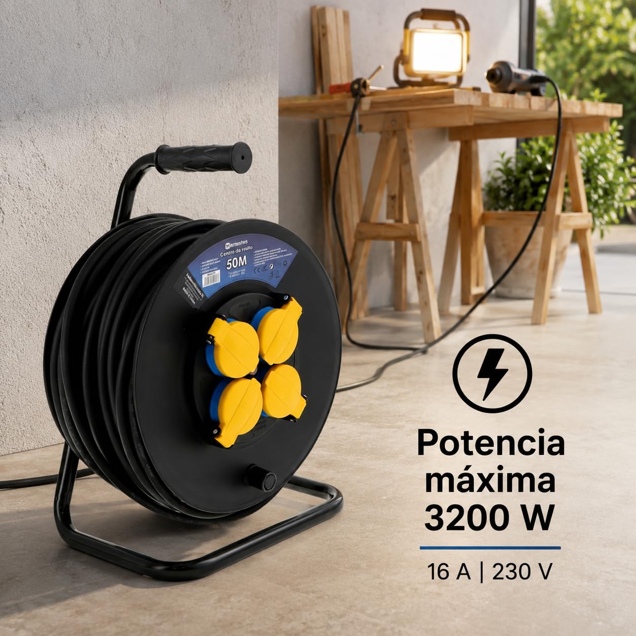 M mimotec - Avvolgicavo da Esterno 50m IP44 4 Prese 3200W 16A, Cavo H05RR-F 3G1,5 mm², Protezione Bambini, Ideale per Giardino, Cantiere e Officina