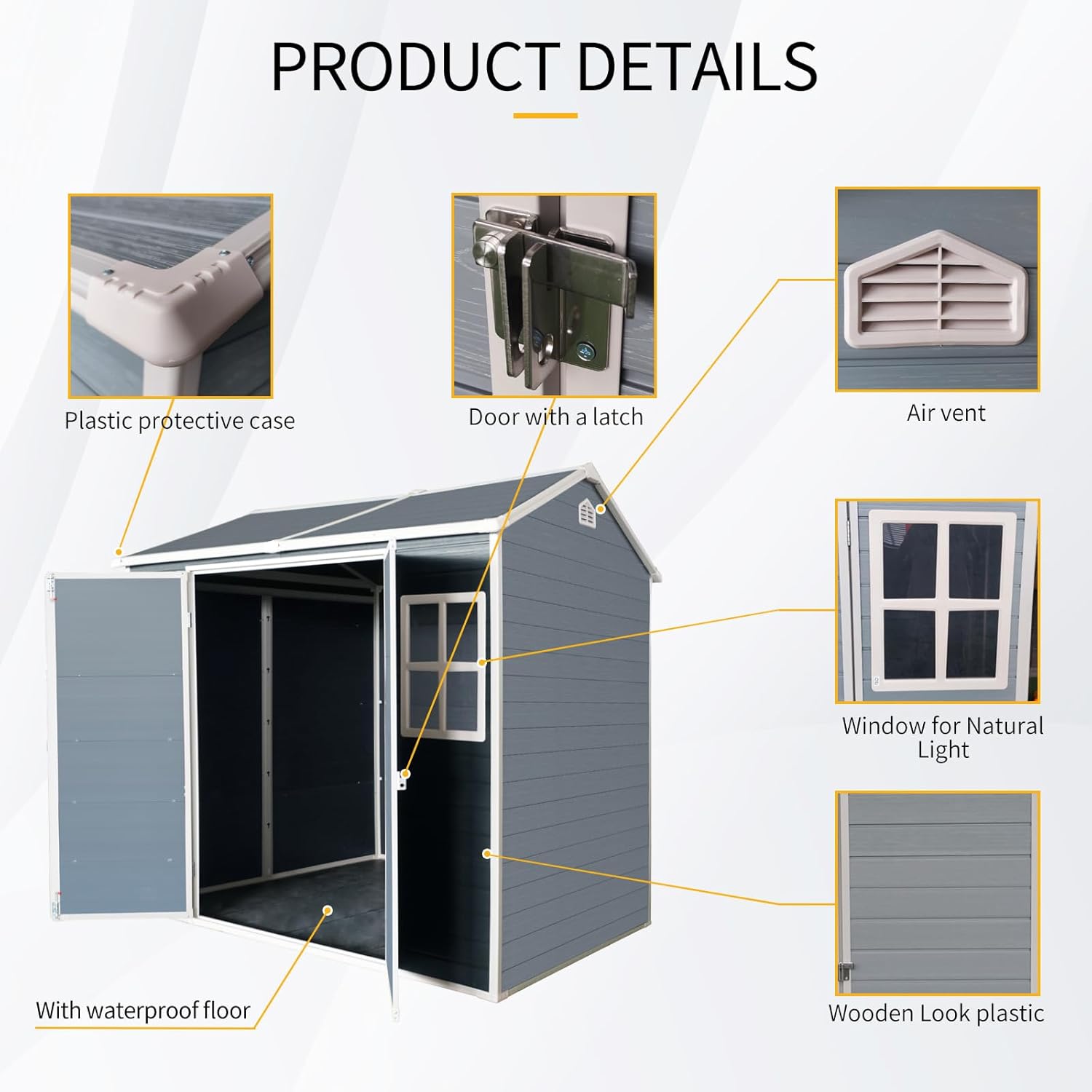 8x4 FT Outdoor Storage Shed,Garden Shed with Floor & 2 Windows,All Weather Waterproof Tool House W/Air Vent,Sloped Roof & Lockable Double Door,for Patio,Yard,Lawn,Grey
