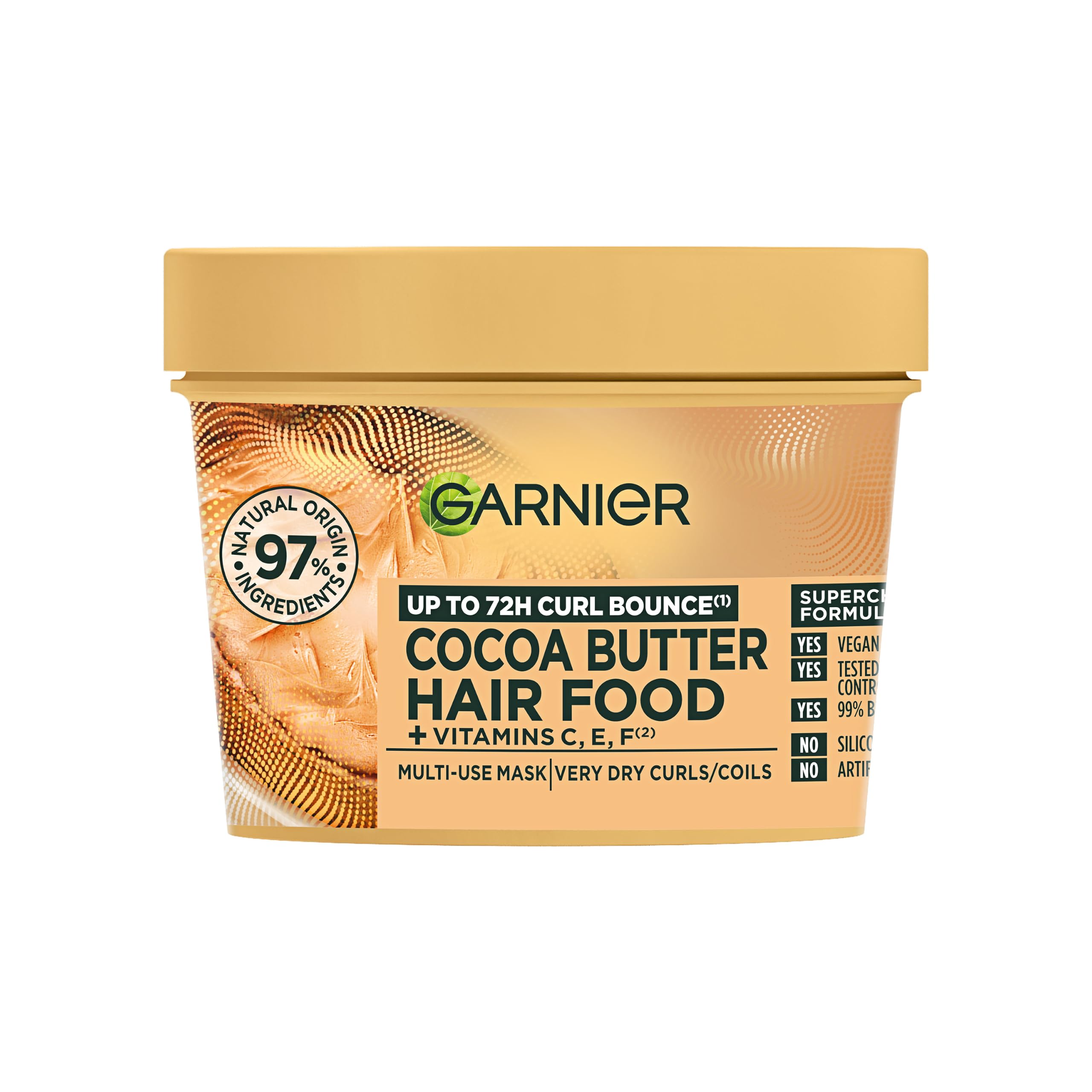 Garnier Hair Mask for Dry, Curly Hair | Cocoa Butter Hair Food by Garnier Ultimate Blends, 3 in 1: Erstshampoo, Conditioner, Haarmaske, |97% natürliche Herkunft | 100% vegane Formel* 390ml