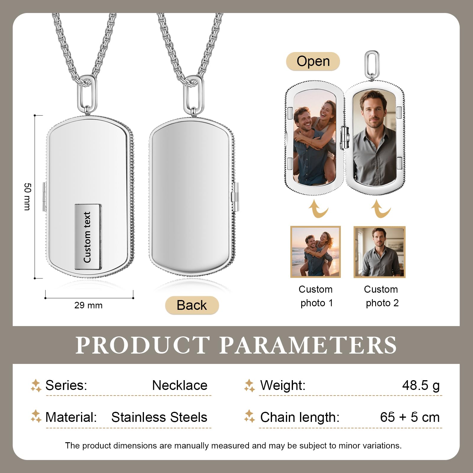 kaululu Collier Photo Personnalisé pour Homme Pendentif Médaillon en Acier Inoxydable avec Texte pour Papa Cadeau pour Fête des Pères