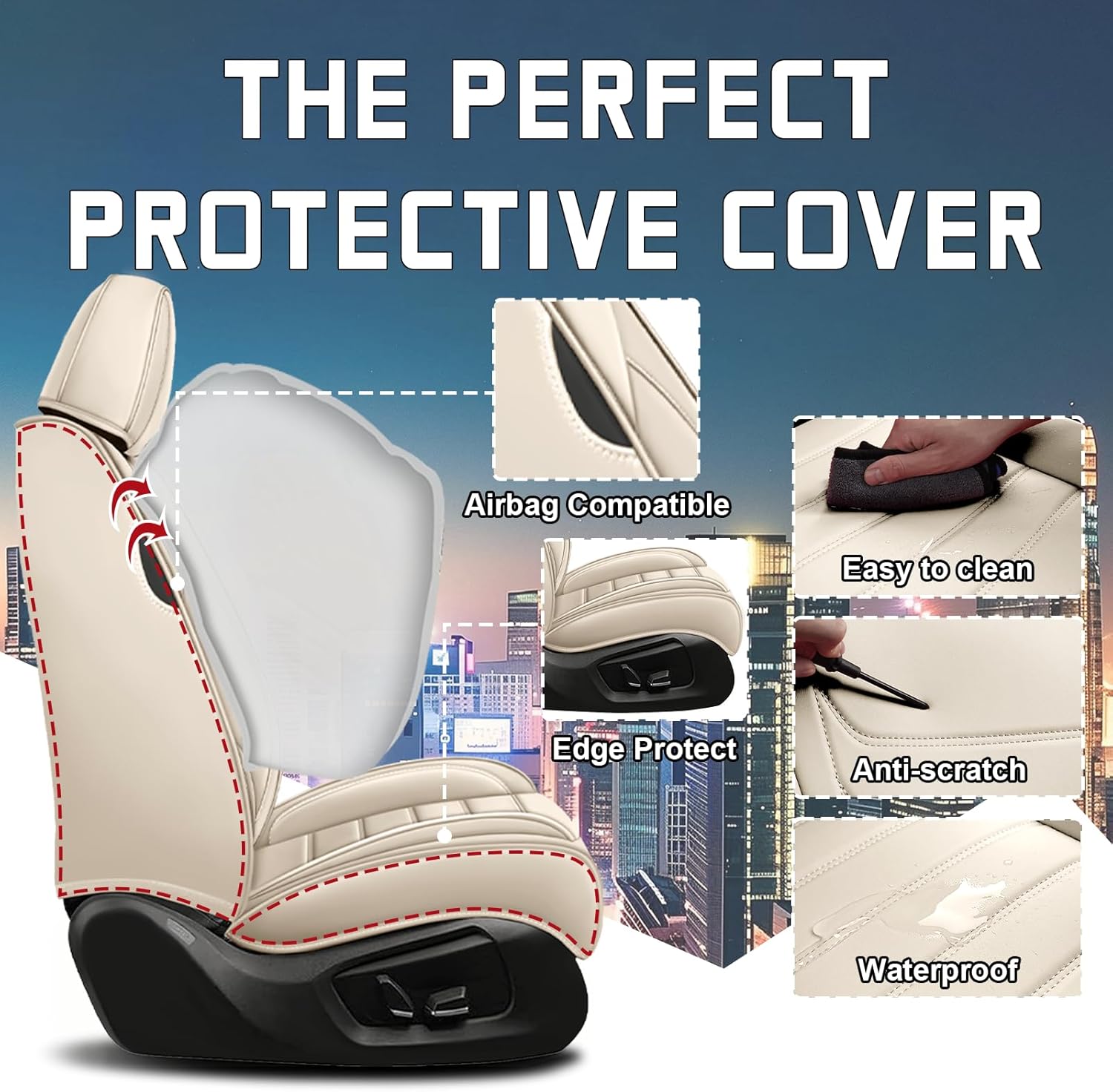 Car Seat Cover Full Set for Hyundai Sonata Seat Covers 2003-2025, Nappa Leather Waterproof Seat Covers for Cars, Airbag Compatible, Universal Automotive Seat Covers(Standard 5 Seats/Beige)