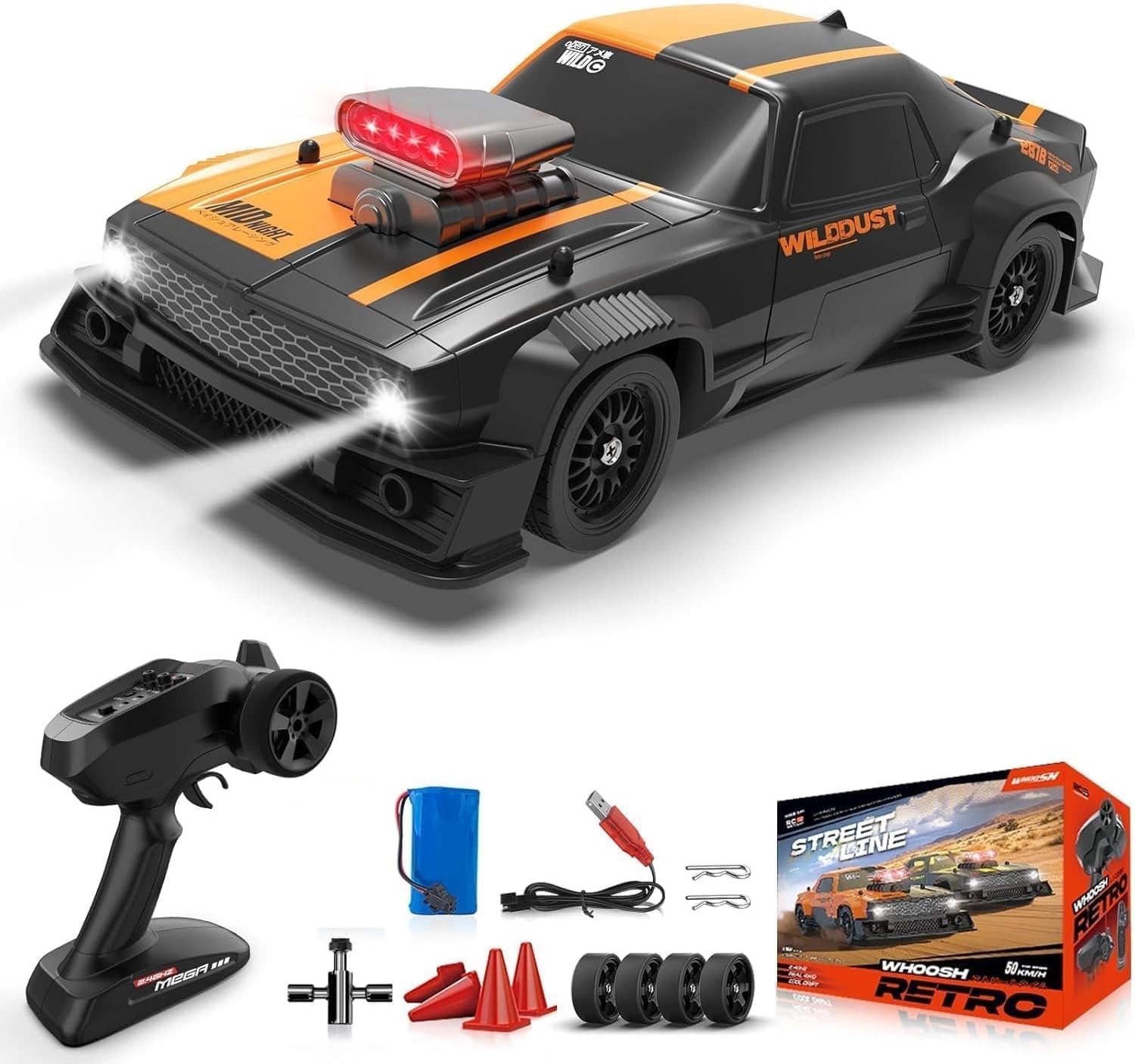 1:16 RC Drift Car with ESP Stabilization System, 4WD Remote Control Racing Car, 50+ KPH High Speed, LED Headlights, Black and Orange, Rechargeable Batteries, Training Cones, Spare Wheels