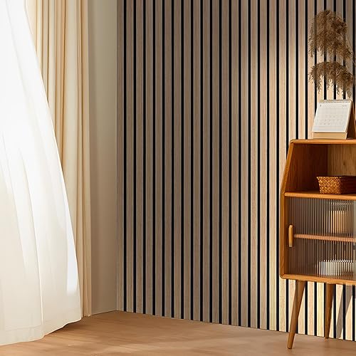 Miniatura 3 de 4 paneles de listones de chapa de madera acústica, paneles insonorizados de 47.2 x 12.2 pulgadas, paneles de pared de madera empalmada 3D sin