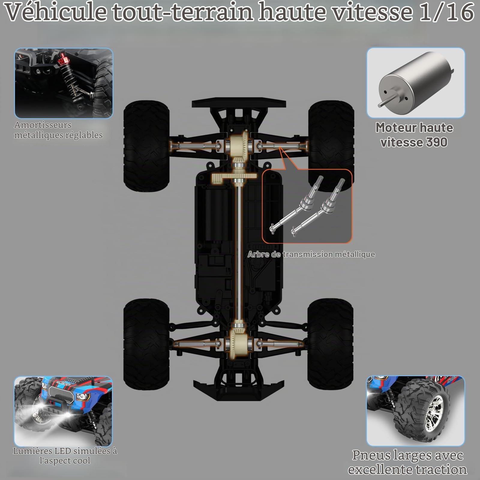 Voiture Télécommandée 40 KM/H, Rapide Monster Truck Télécommandé 4WD Échelle 1:16 pour Adultes, Voiture RC Tout Terrain 4x4 avec 2 Batteries, pour Enfants Garçon
