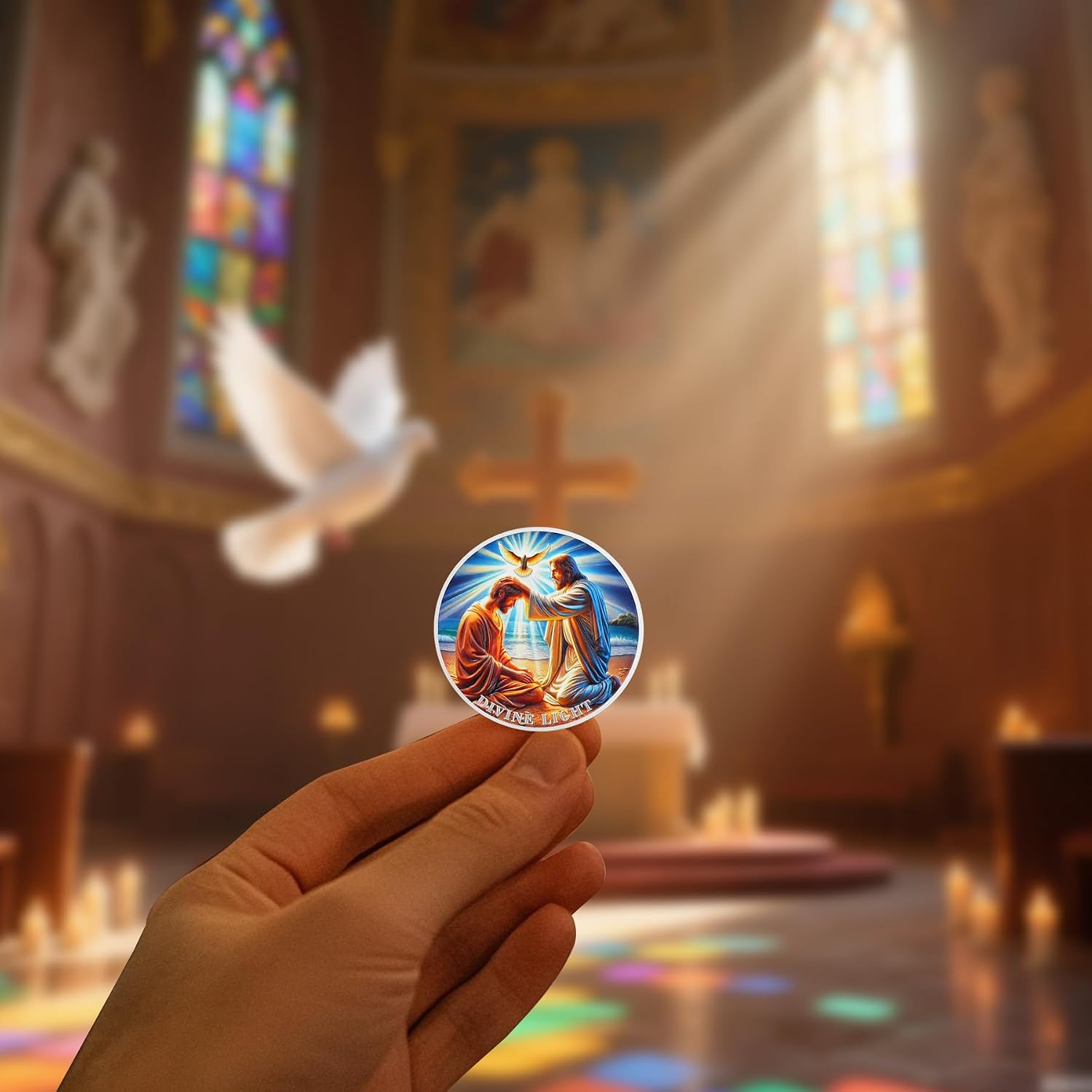 Divine Light Religious Coin – Jesus Blessing Faithful with Dove & Light Symbol – John 8:12 Christian Token for Hope, Guidance & Bible Study Inspiration