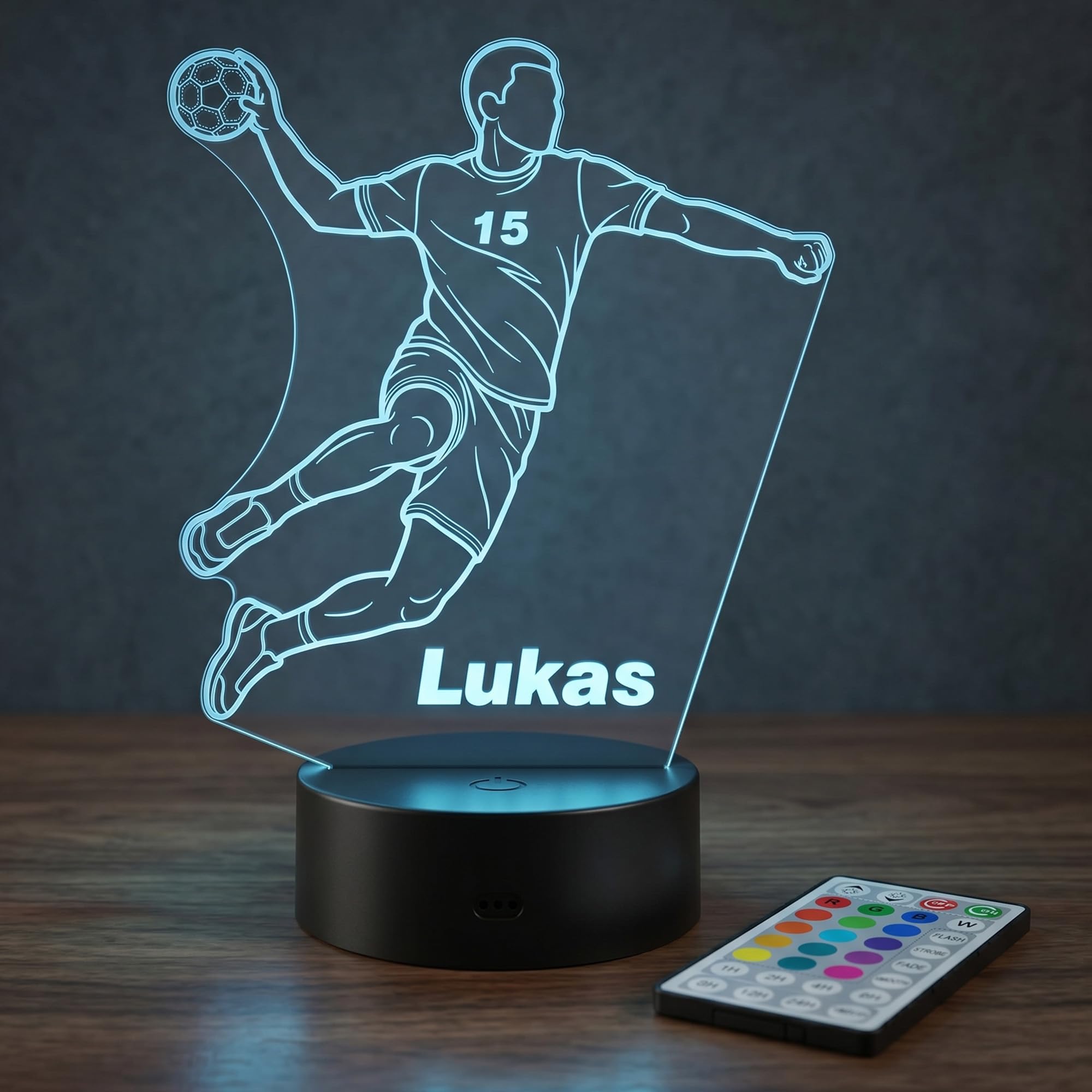 Personalisierte Handball Lampe – LED Nachtlicht mit Name – Handball Geschenk für Kinder, Spieler, Trainer & Fans – 16 Farben dimmbar mit Fernbedienung – Sport Deko Licht Kinderzimmer (Jungen)