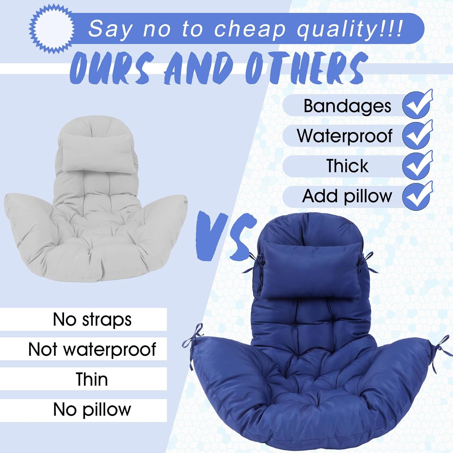 Condition photo showing New/Like New for tudomro egg chair cushion filling 2.58 kg replacement rocking wicker chair cushions high back swing hammock egg hanging cushion thicken for indoor outdoor patio(navy blue,2 pcs) 2 navy blue