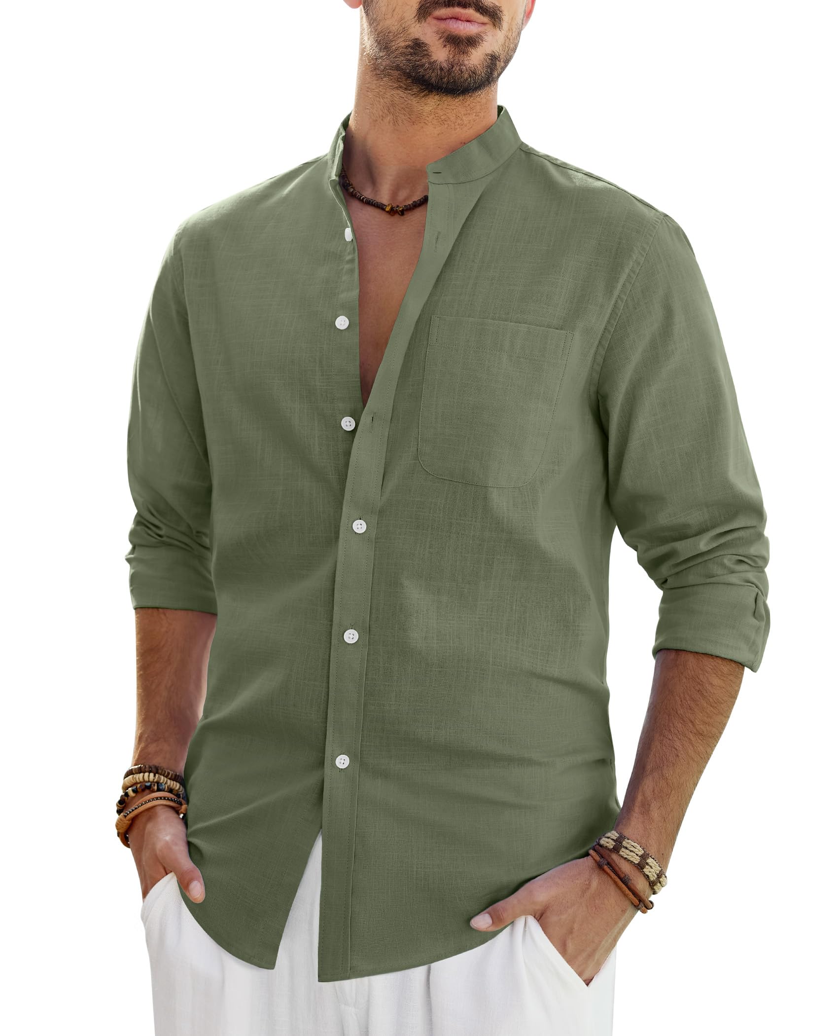 J.VER Leinenhemd Herren Hemd Langarm Stehkragen Leinenshirt Baumwolle Atmungsaktiv Regular Fit Freizeithemden Casual Sommer Strand Leinen Shirt mit Tasche